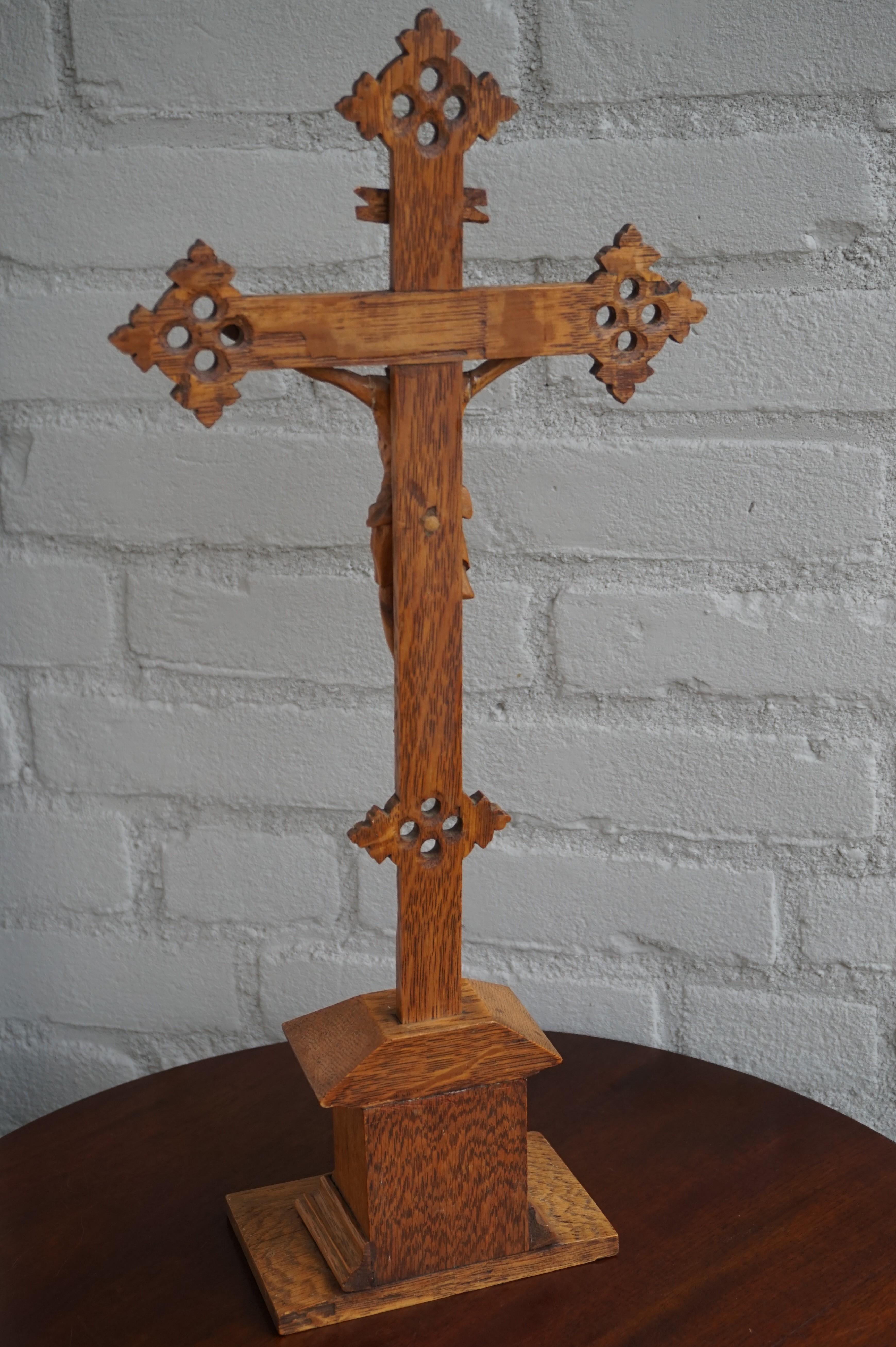 Early 1900s Hand Carved Gothic Revival Table Crucifix with Corpus of Christ 1910 5
