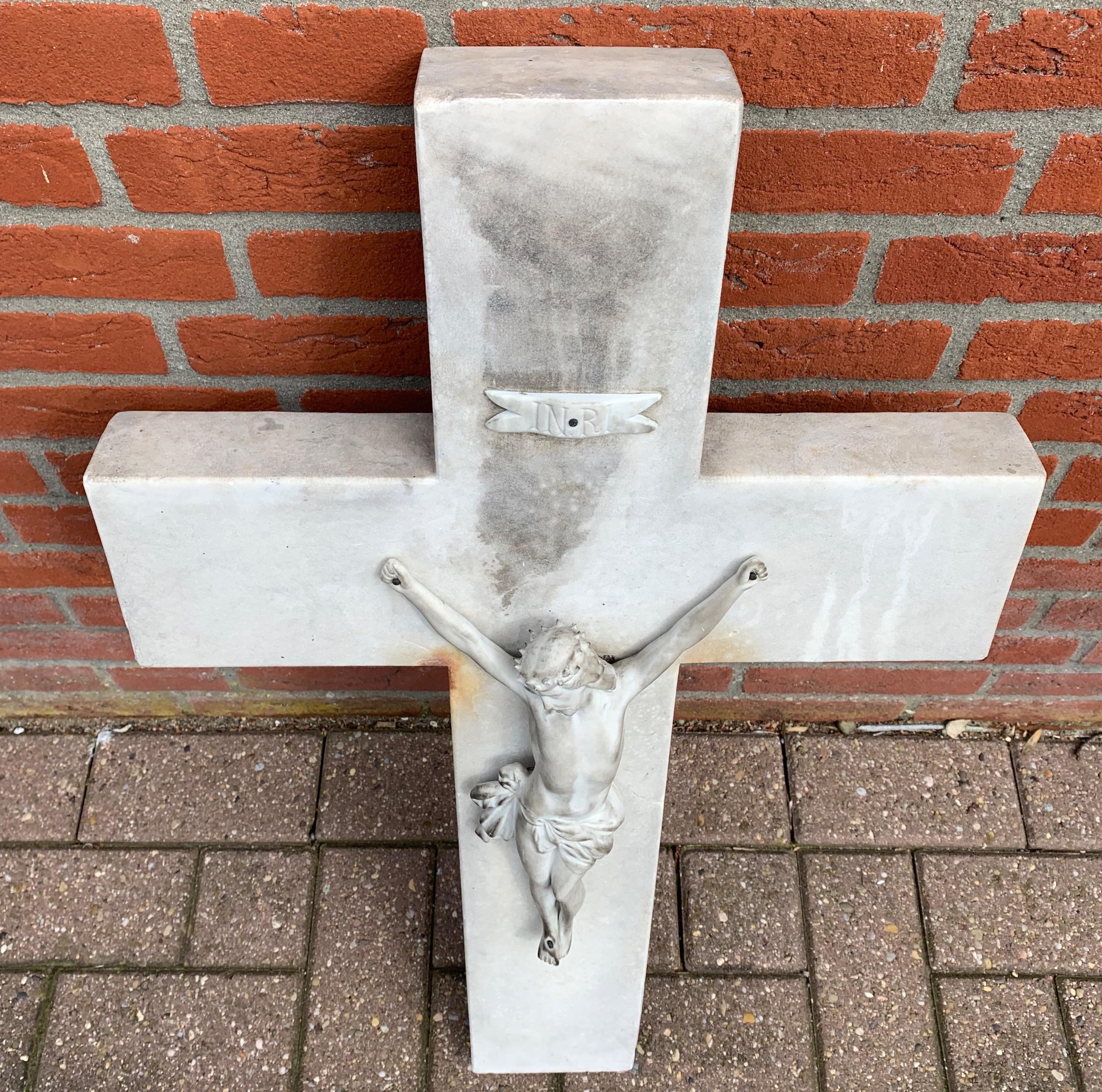 Early 1900s Hand Carved Marble Crucifix / Wall Cross with Jesus Christ Sculpture 5