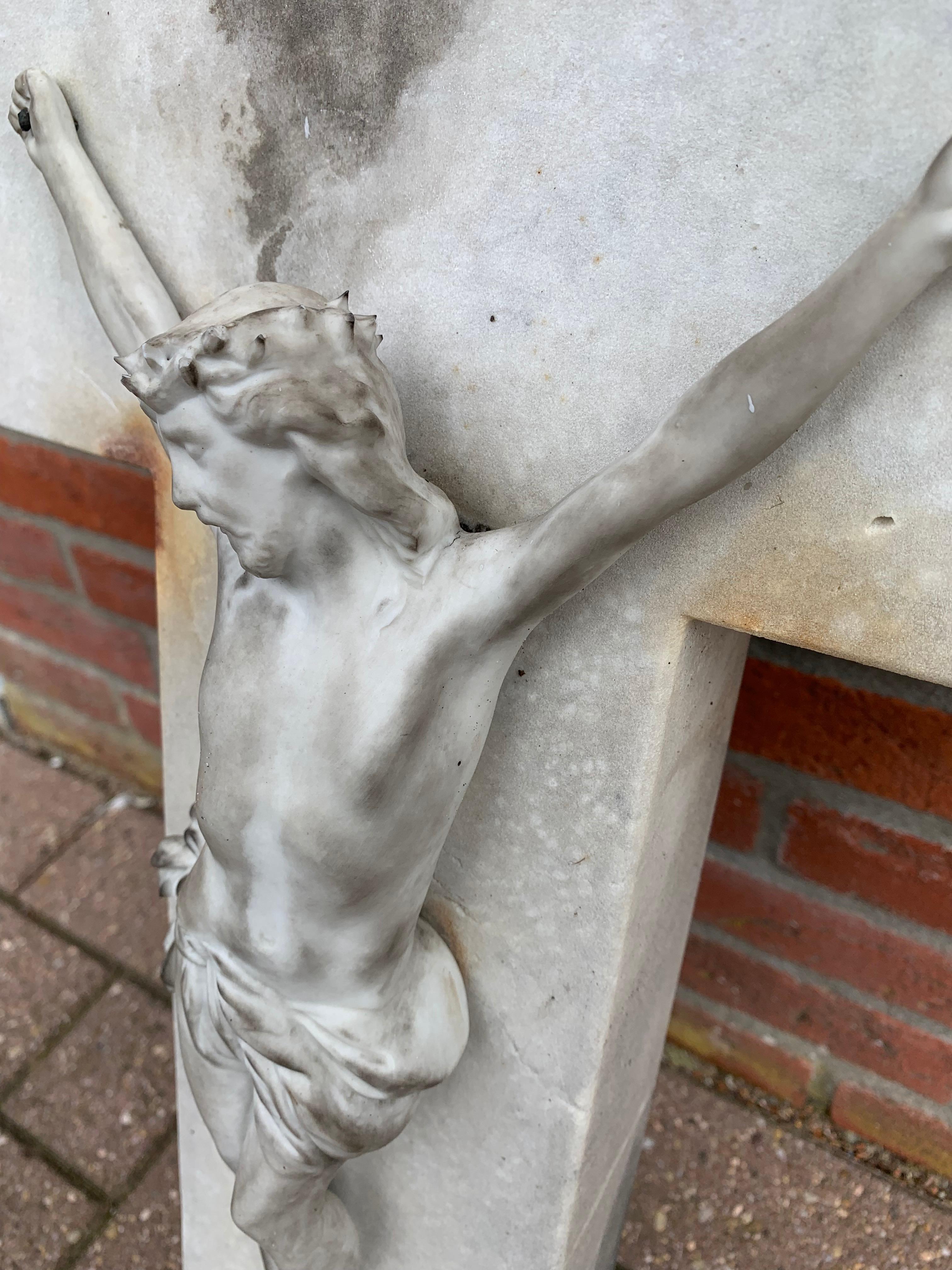 Early 1900s Hand Carved Marble Crucifix / Wall Cross with Jesus Christ Sculpture In Good Condition In Lisse, NL