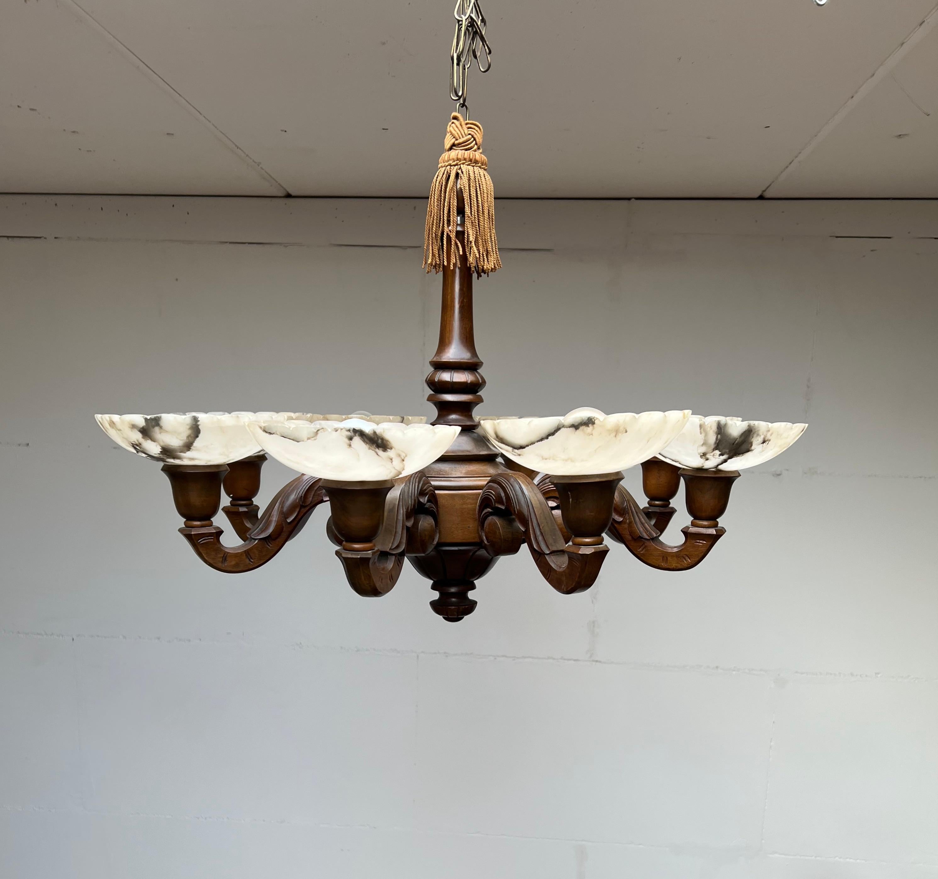 French Unique Art Deco Nutwood with 8 Alabaster Shades Pendant Light / Chandelier, 1920