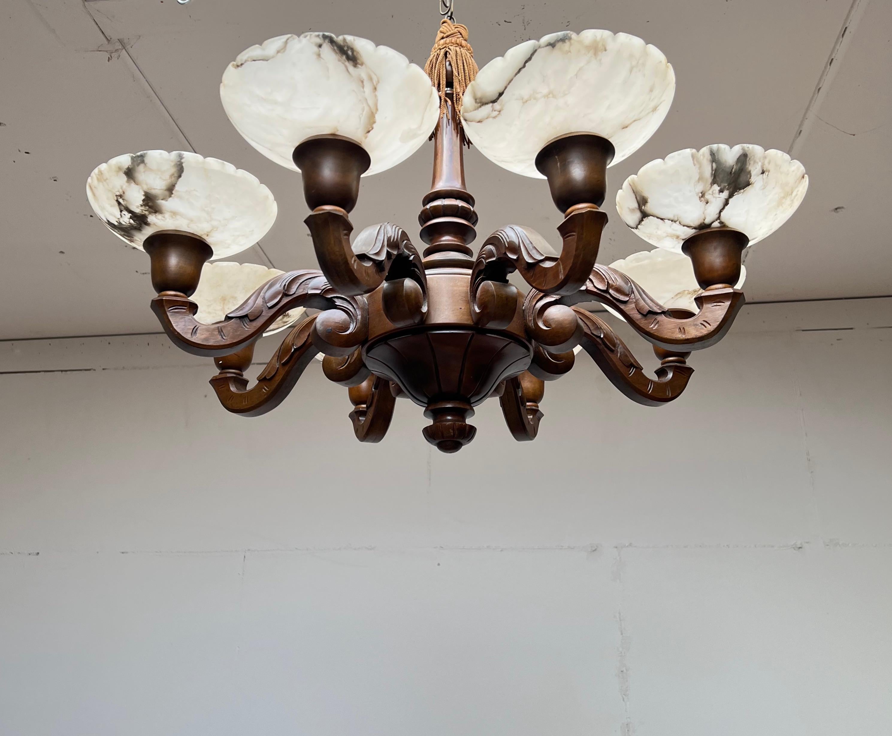 20th Century Unique Art Deco Nutwood with 8 Alabaster Shades Pendant Light / Chandelier, 1920