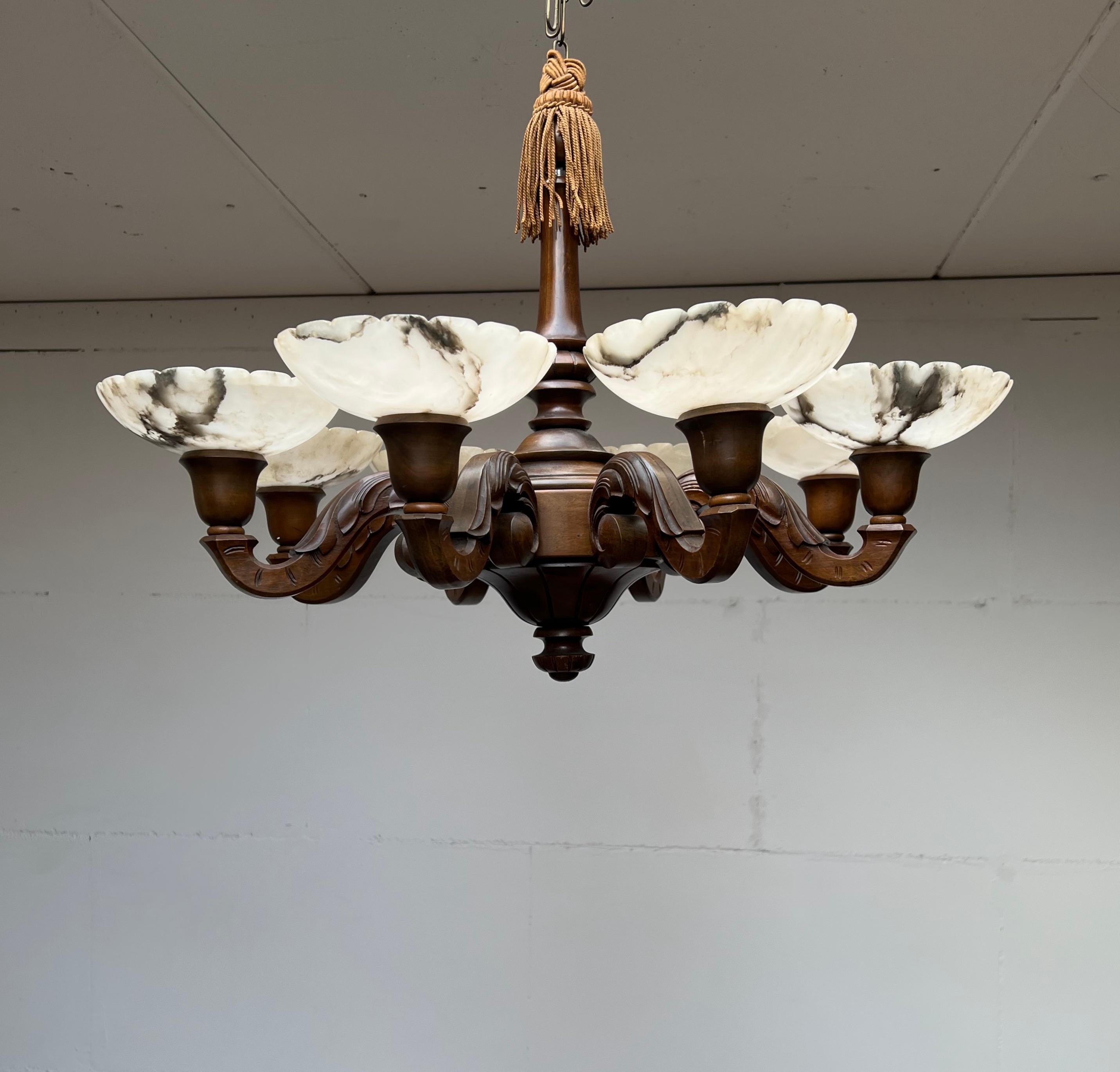 Unique Art Deco Nutwood with 8 Alabaster Shades Pendant Light / Chandelier, 1920 In Excellent Condition In Lisse, NL