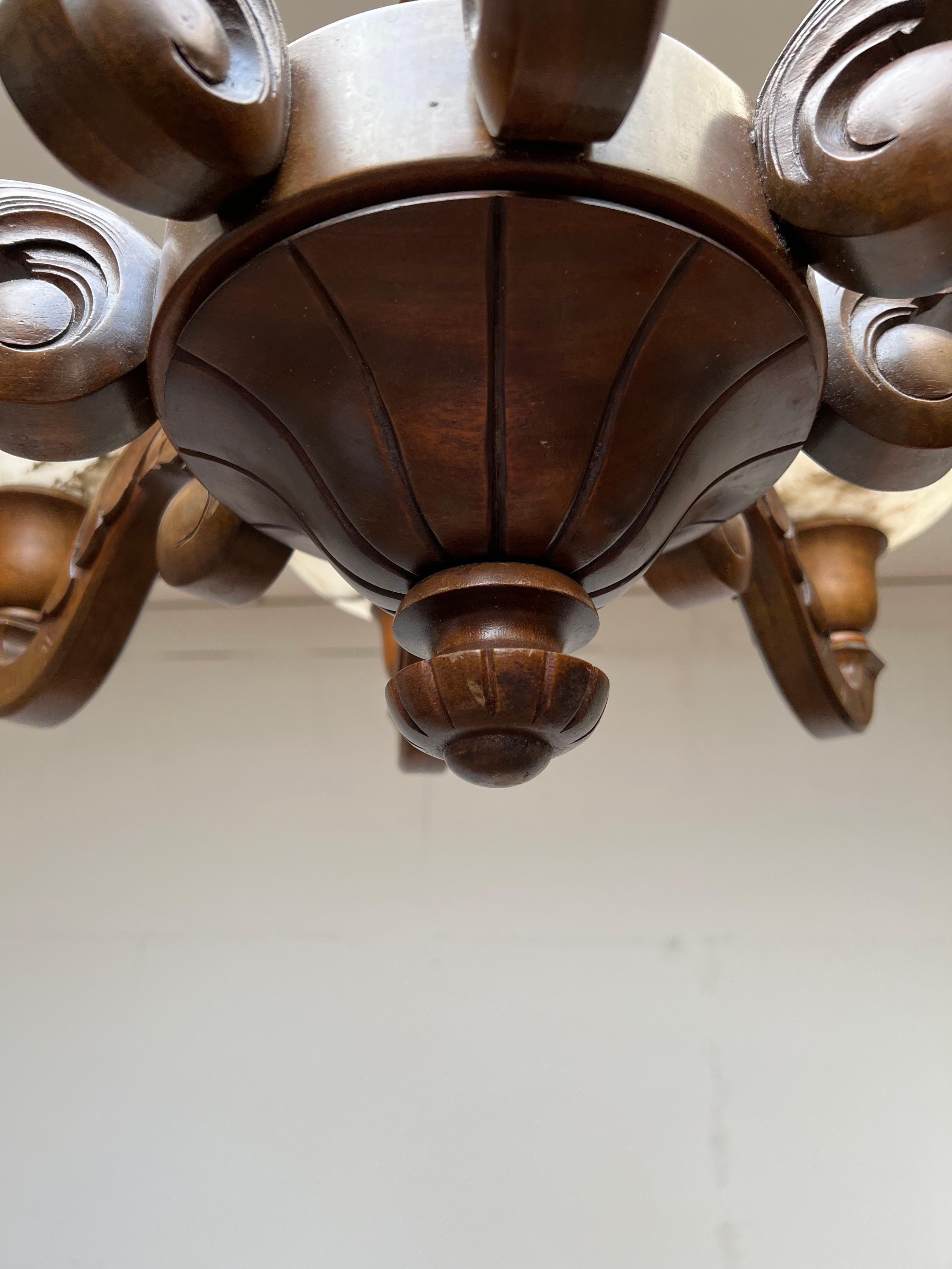 Unique Art Deco Nutwood with 8 Alabaster Shades Pendant Light / Chandelier, 1920 2