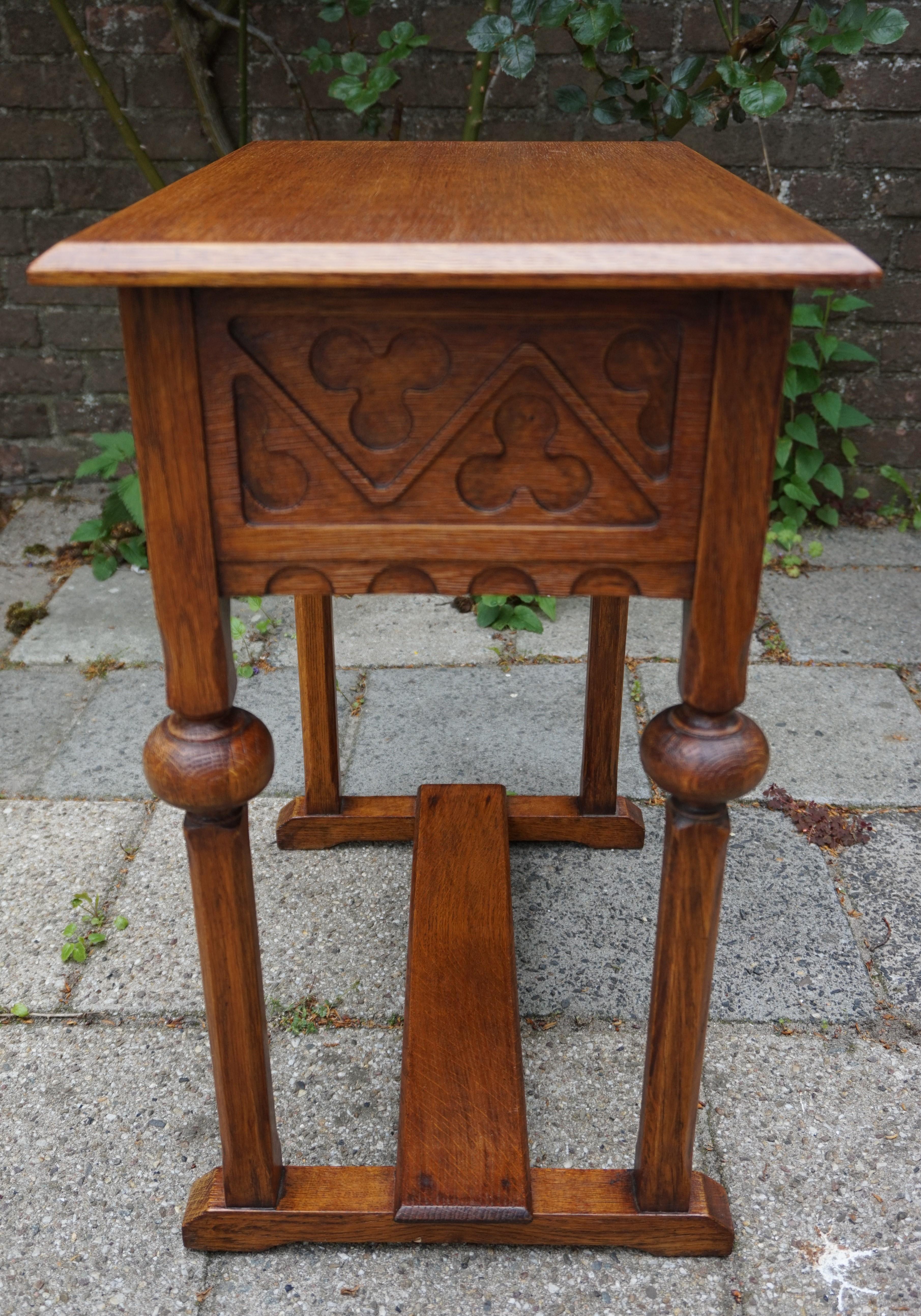 Early 1900s Handcrafted Gothic Revival Work or Side Table with Trefoil Decor 3