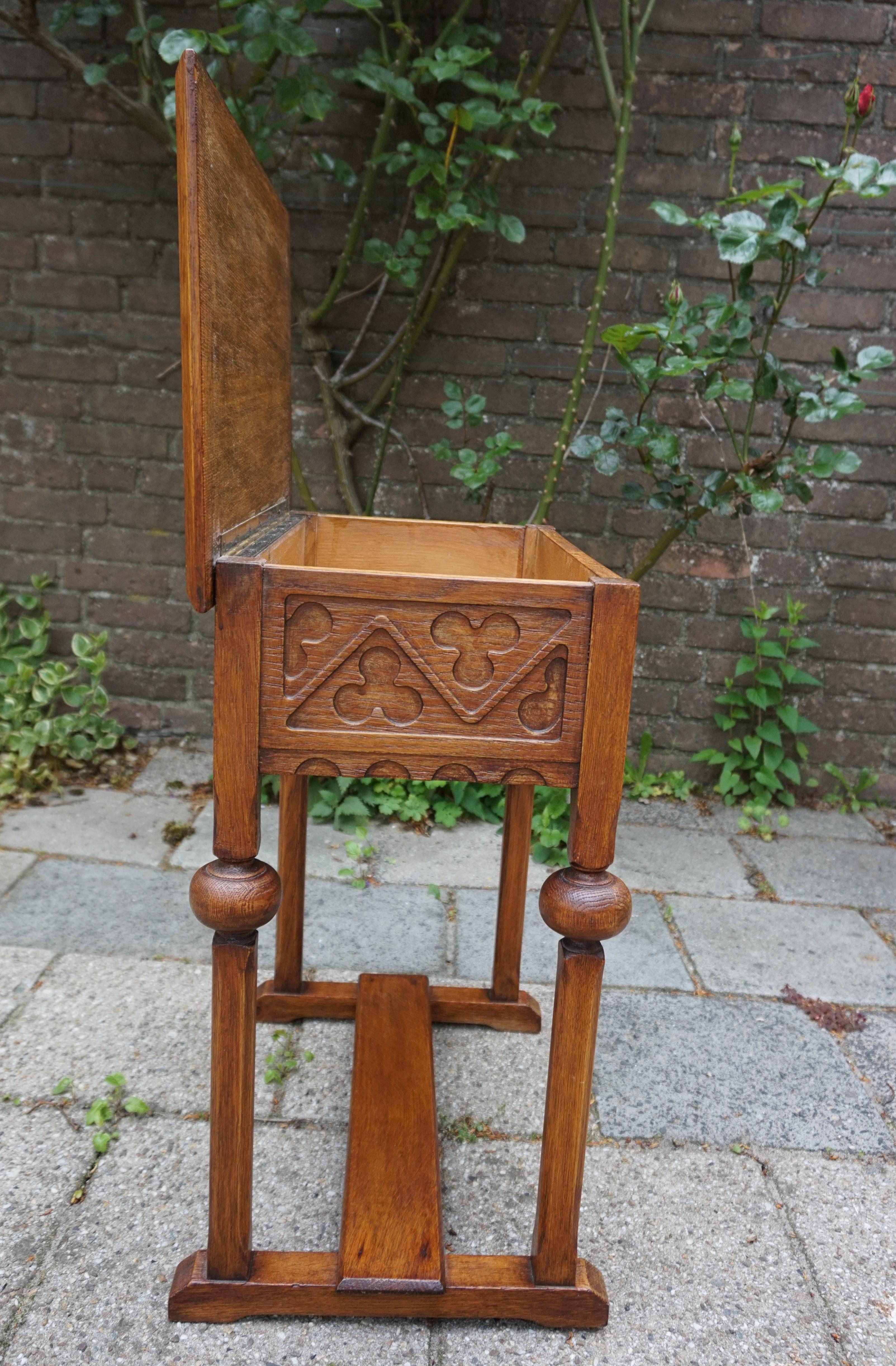 Oak Early 1900s Handcrafted Gothic Revival Work or Side Table with Trefoil Decor