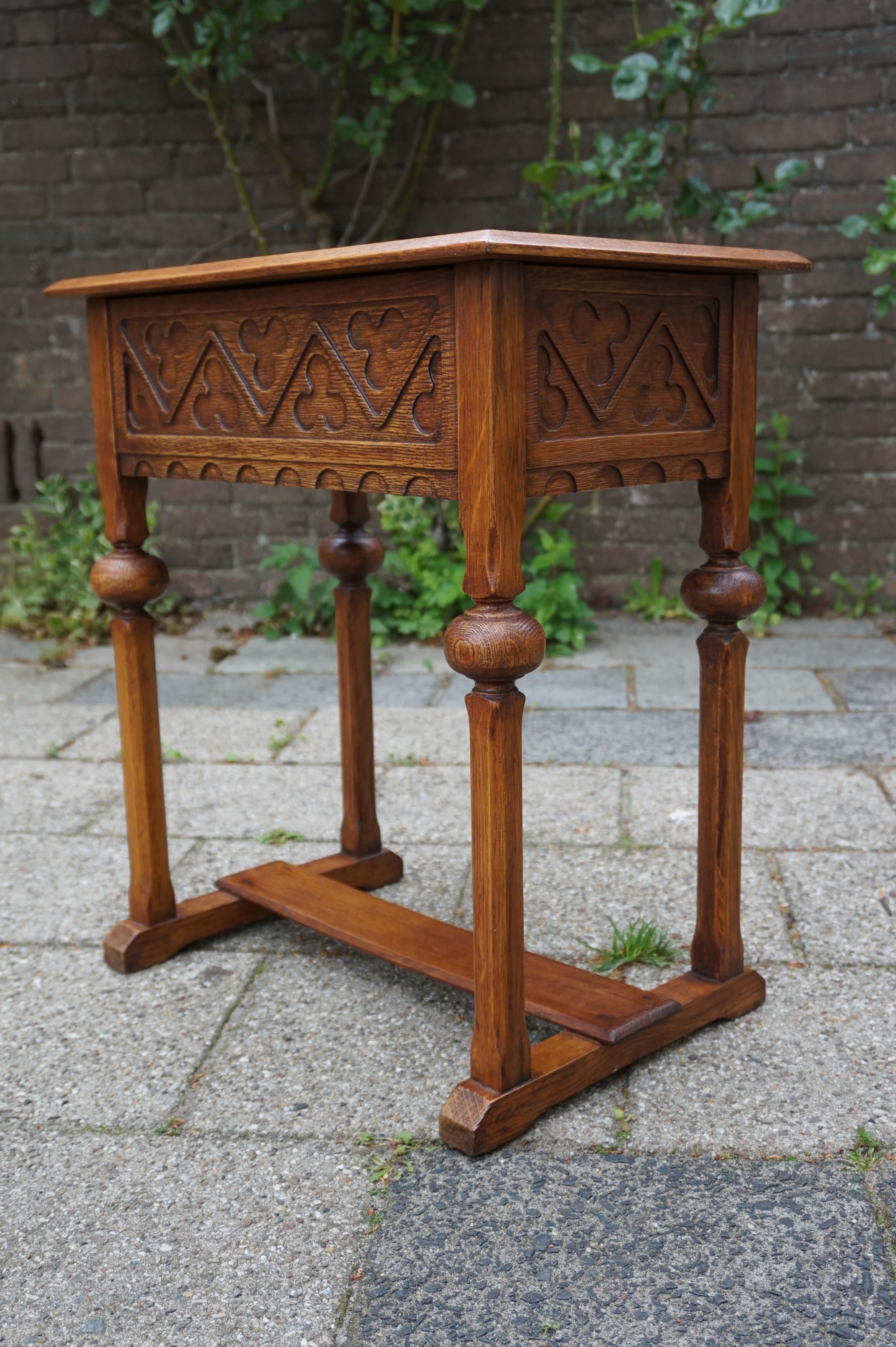 Early 1900s Handcrafted Gothic Revival Work or Side Table with Trefoil Decor 2