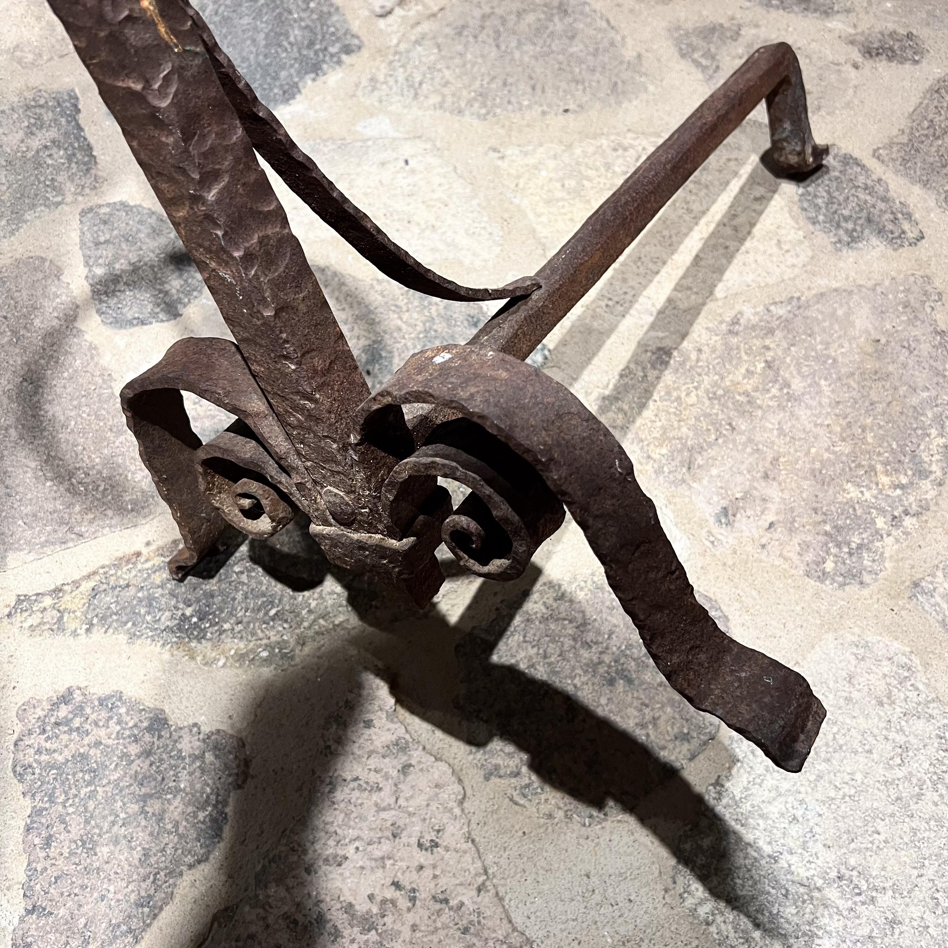 Early 1900s Hand Forged Iron Textured Andiron and Candleholder For Sale 5