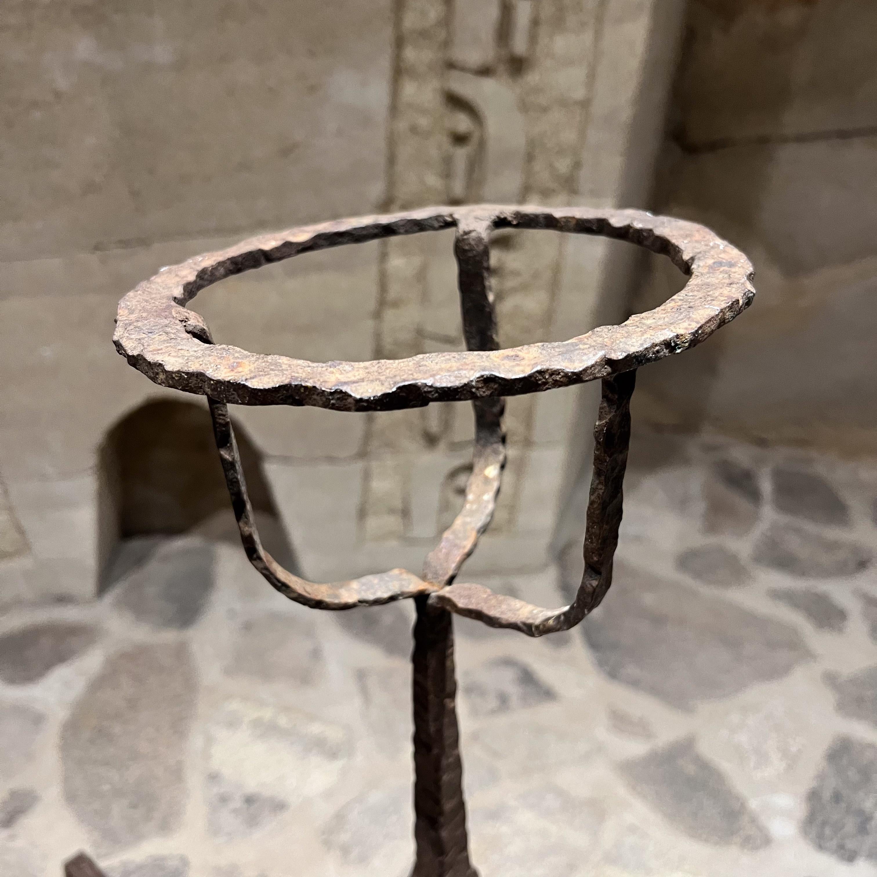 Early 1900s Hand Forged Iron Textured Andiron and Candleholder In Good Condition For Sale In Chula Vista, CA
