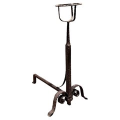 Early 1900s Hand Forged Iron Textured Andiron and Candleholder