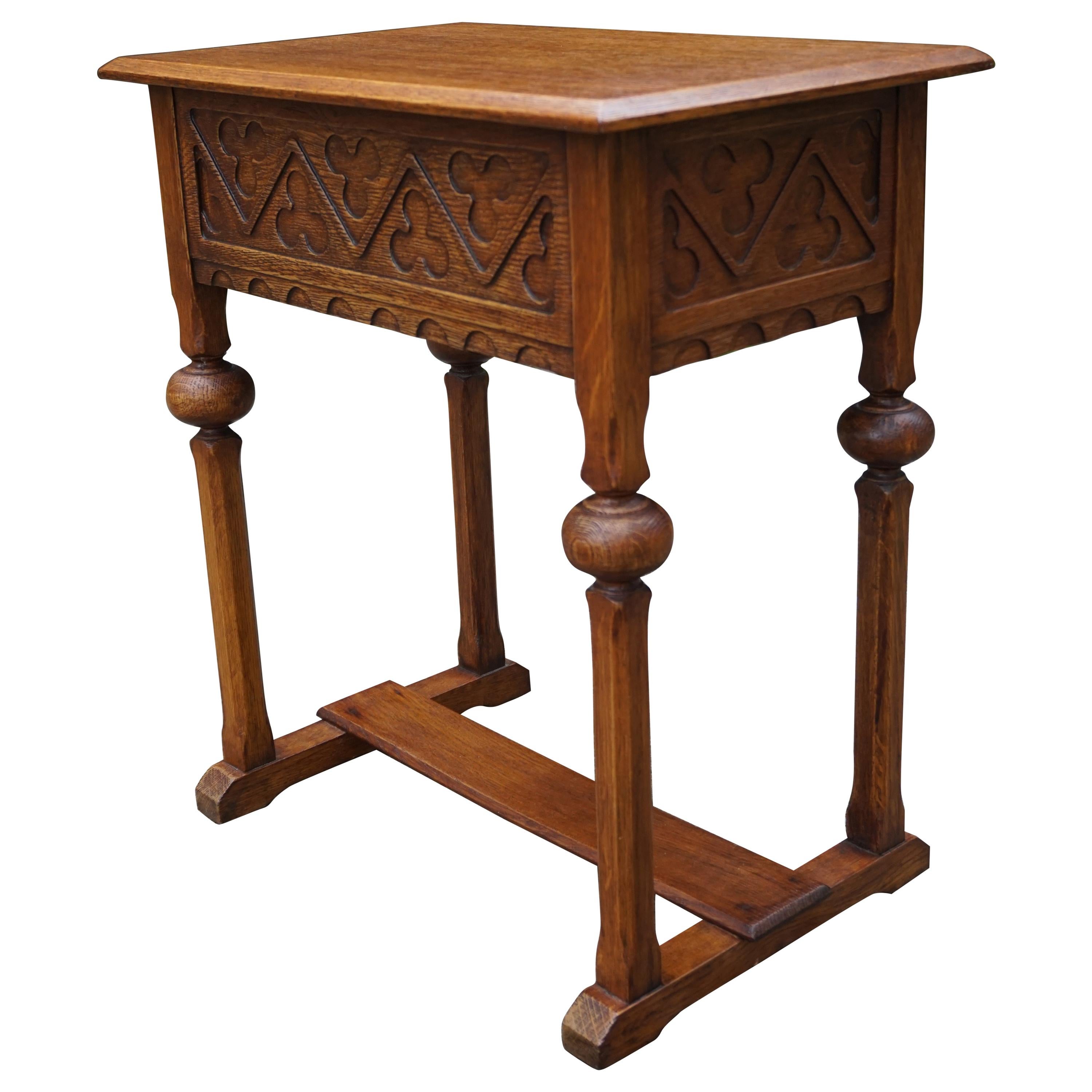 Early 1900s Handcrafted Gothic Revival Work or Side Table with Trefoil Decor