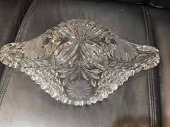 Early 1900s Handcut Heavy Etched Queens Lace Detailed Crystal Fruit Bowl Basket