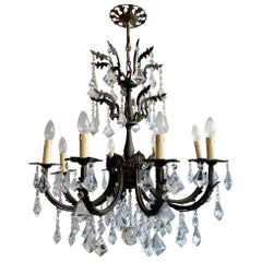 Early 1900s Heavy Cast Ornate Brass Chandelier with Cut Crystal Prism Drops
