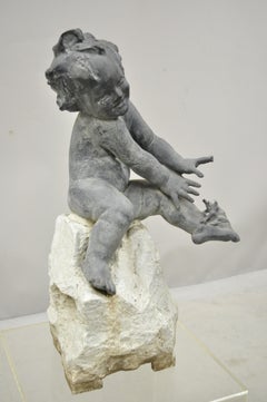 Early 1900s Heavy Lead Figural Cherub & Frog on Rock Garden Water Fountain