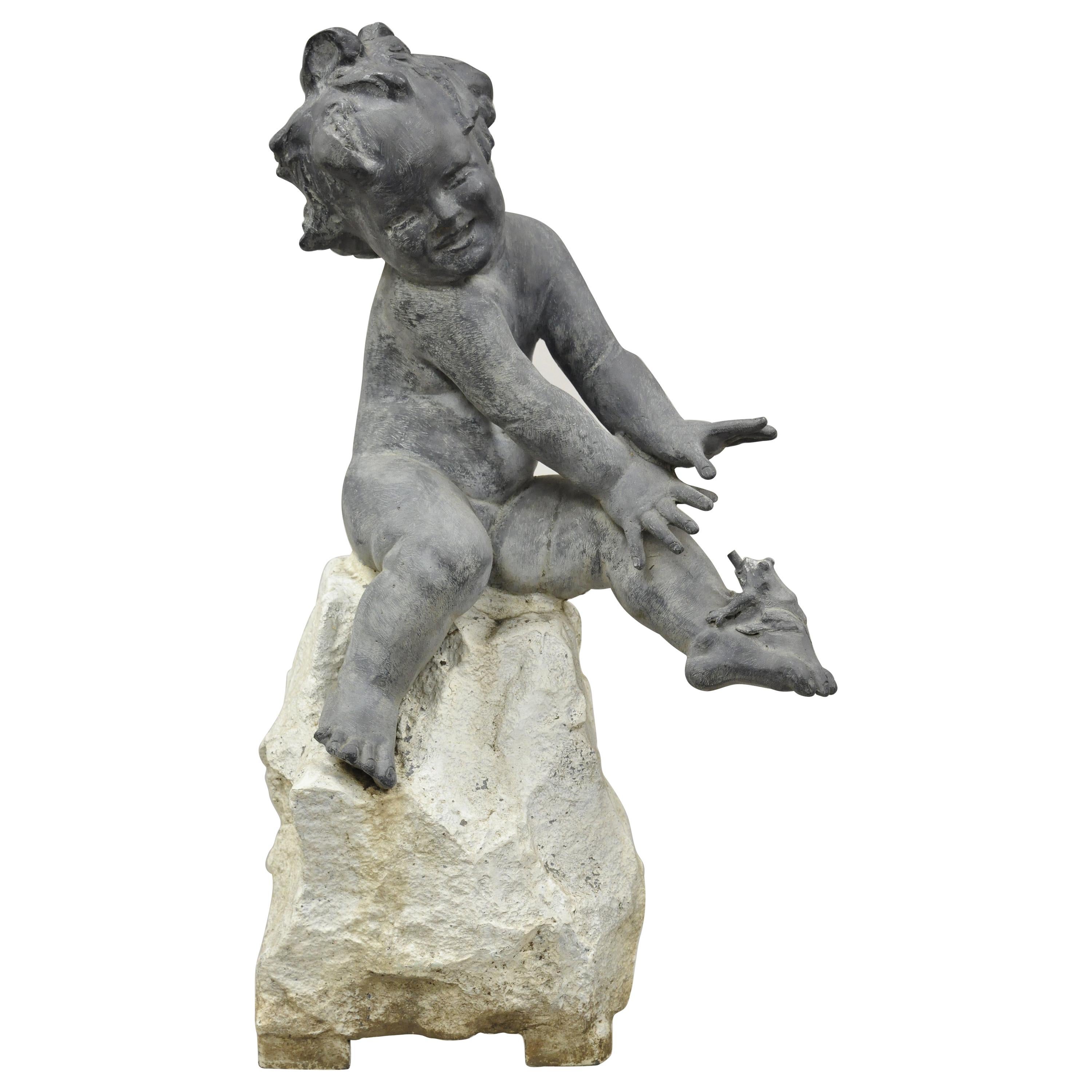 Early 1900s Heavy Lead Figural Cherub 
Frog on Rock Garden Water Fountain