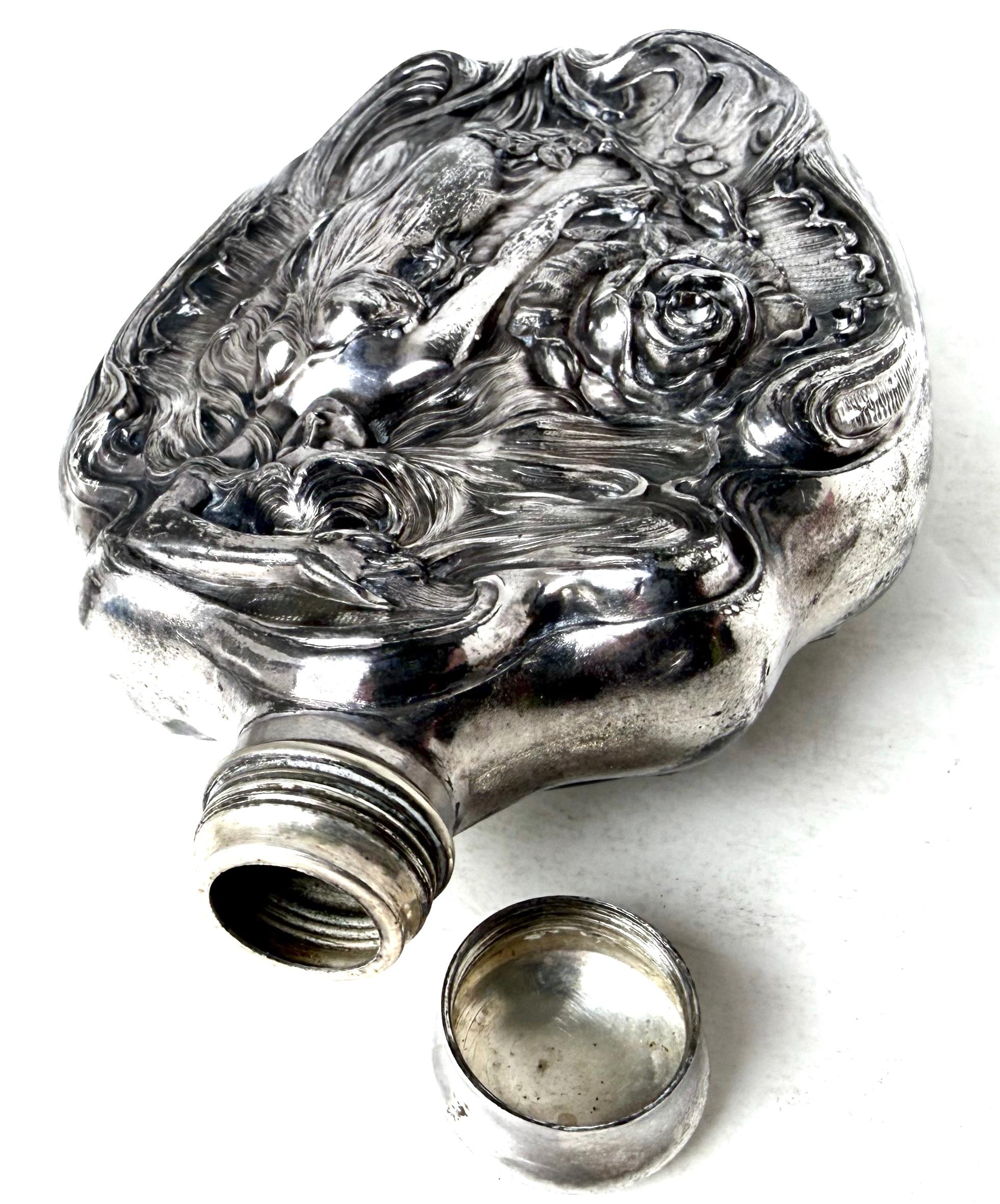 American Early 1900's Highly Decorated Silver Plated Flask. Victor Silver Co. Ca. 1905 For Sale