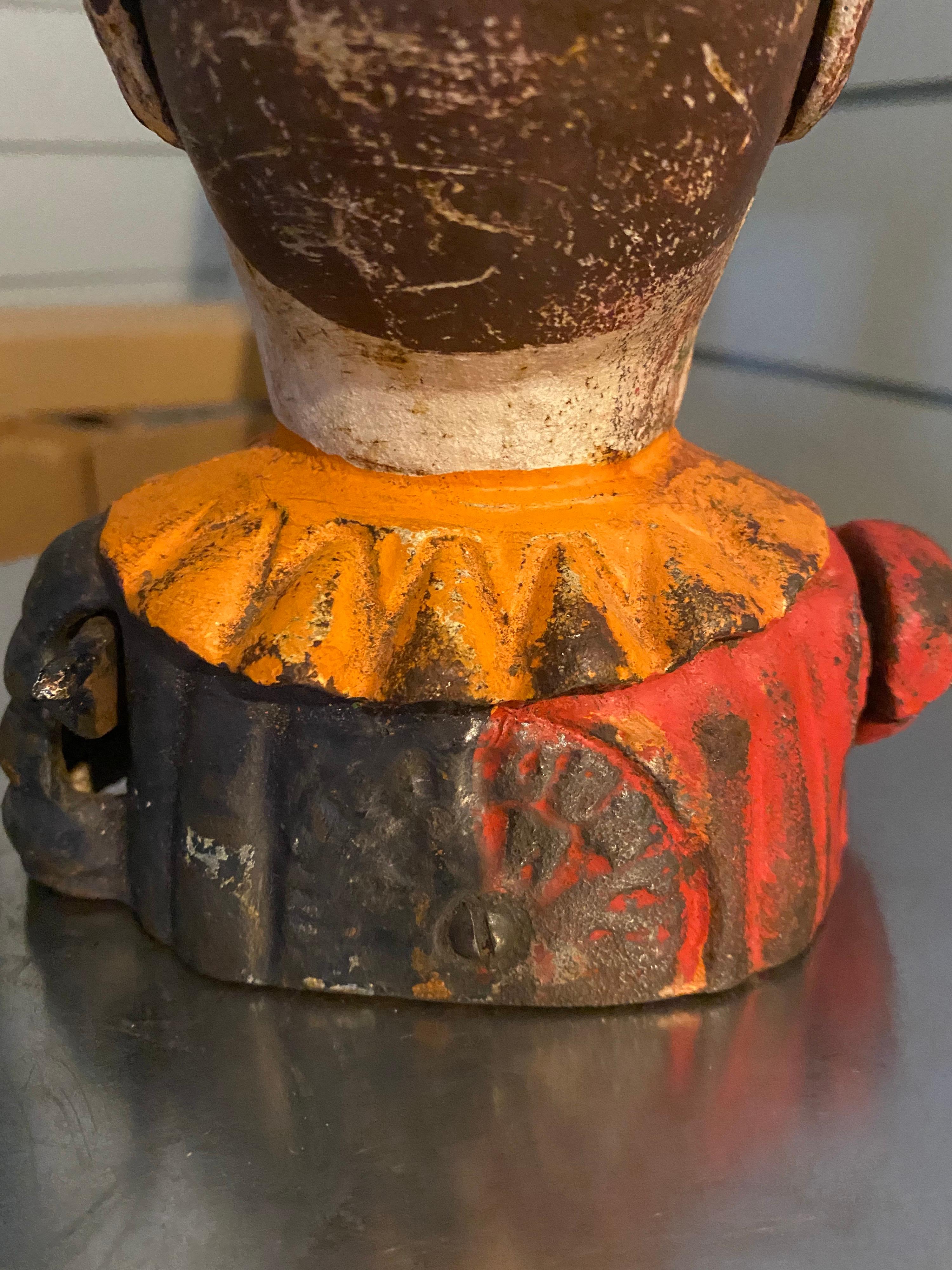 Early 1900s Humpty Dumpty Circus Clown Cast Iron Mechanical Bank In Fair Condition For Sale In Cathedral City, CA