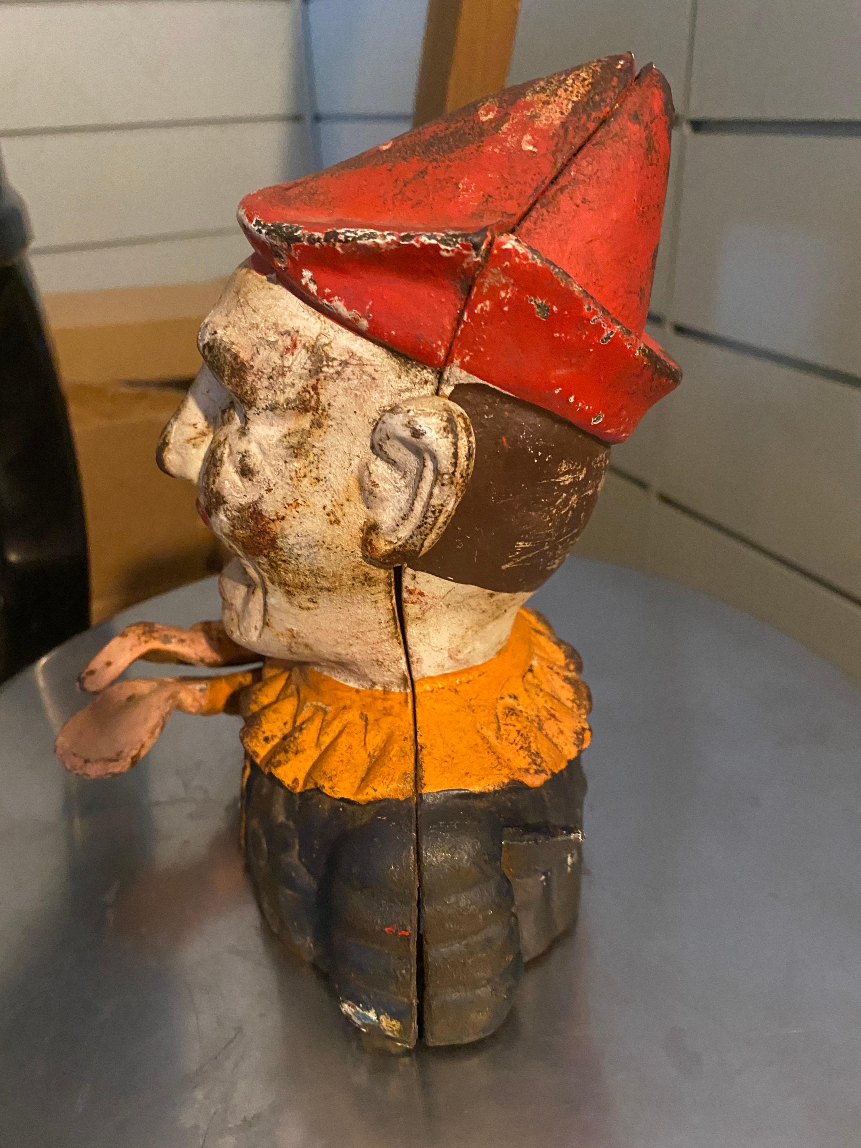 Early 20th Century Early 1900s Humpty Dumpty Circus Clown Cast Iron Mechanical Bank For Sale