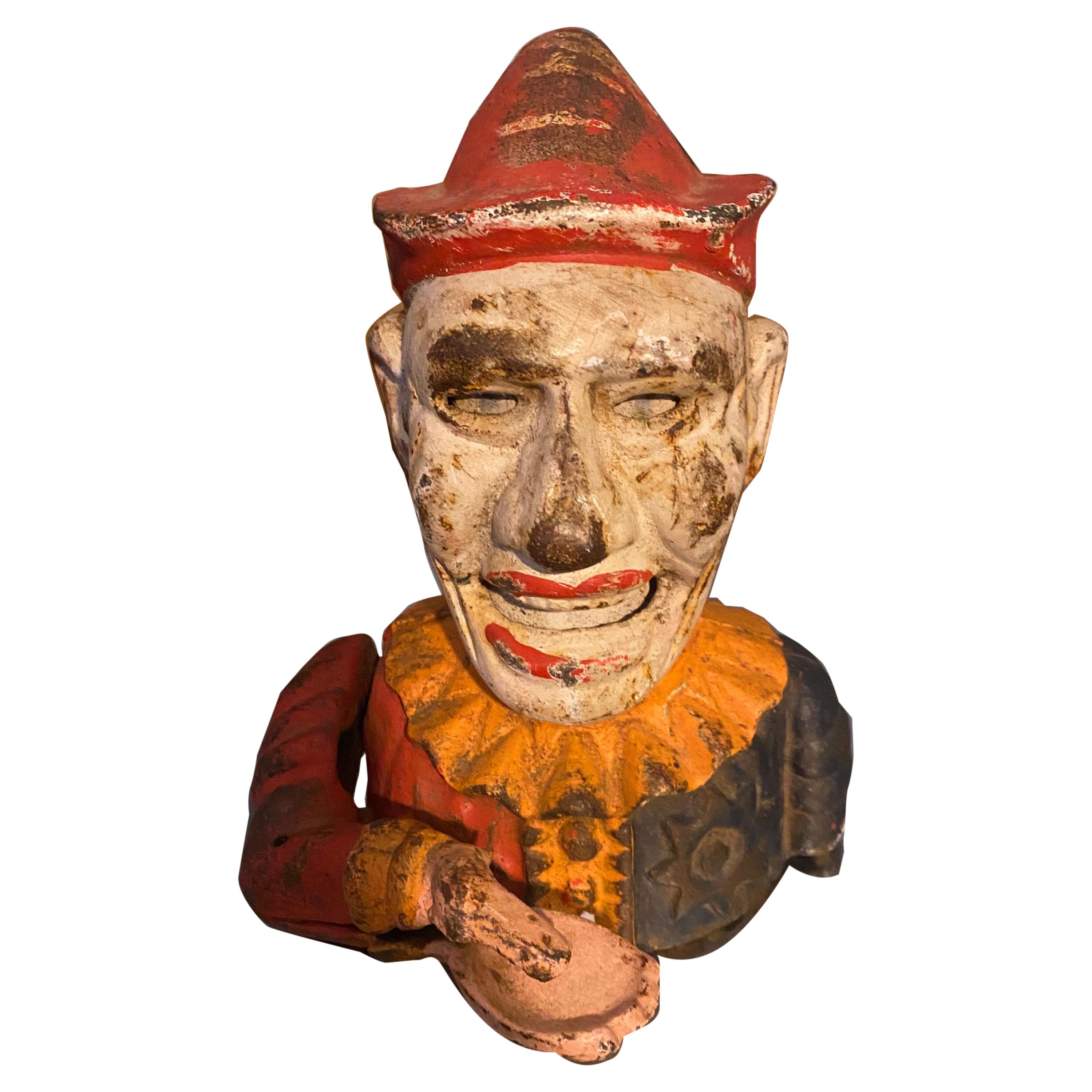 Early 1900s Humpty Dumpty Circus Clown Cast Iron Mechanical Bank For Sale