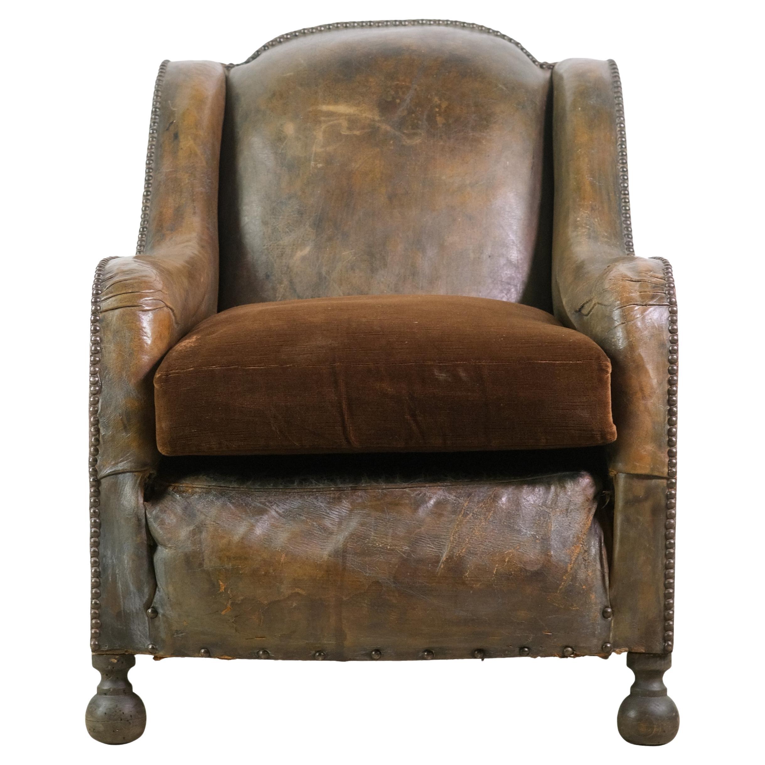 Antique French Leather Club Armchair on Castors, circa 1900s For Sale