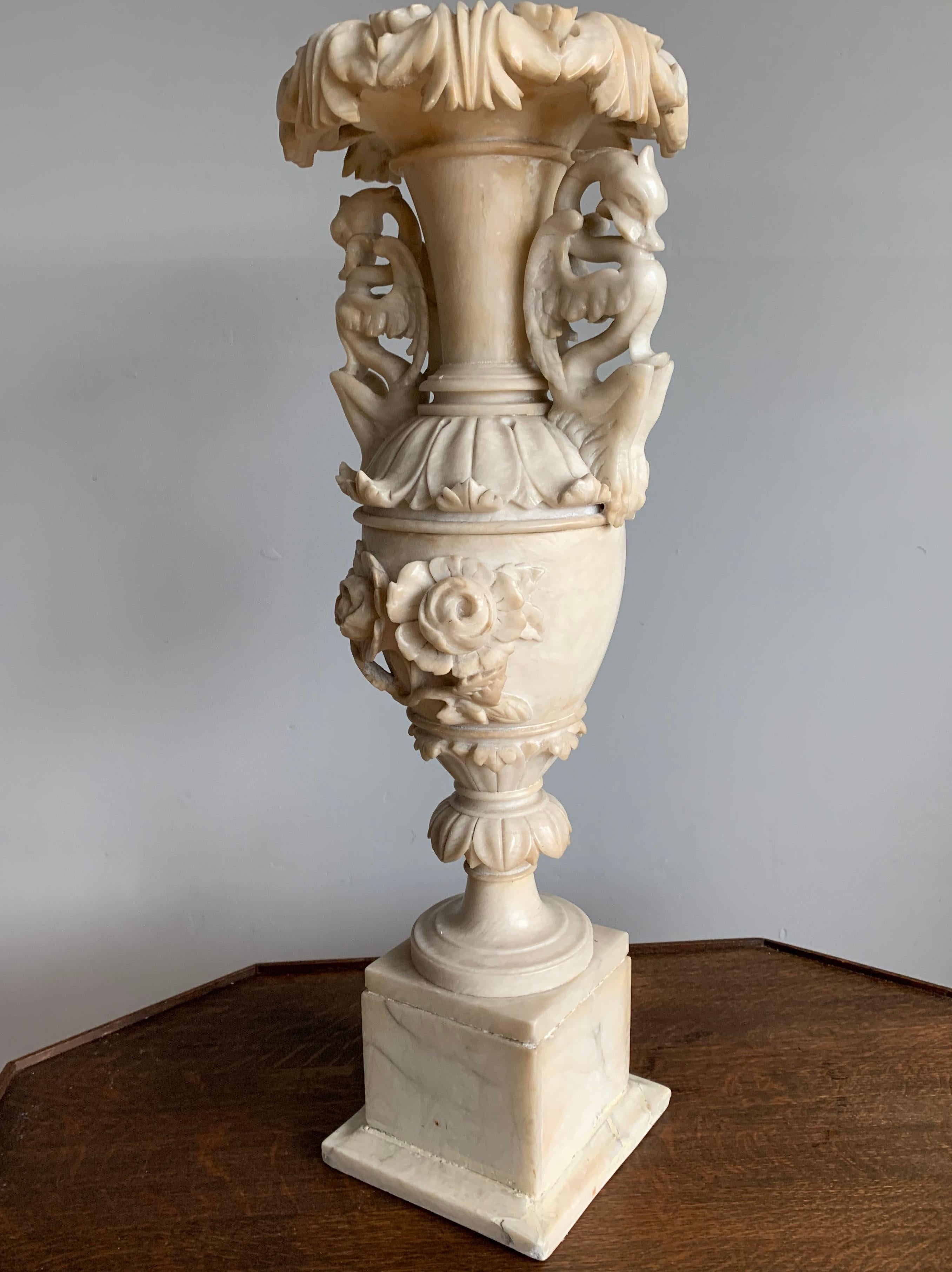 Italian Early 1900s Impressive and Finely Hand Carved Antique Alabaster Ornamental Vase