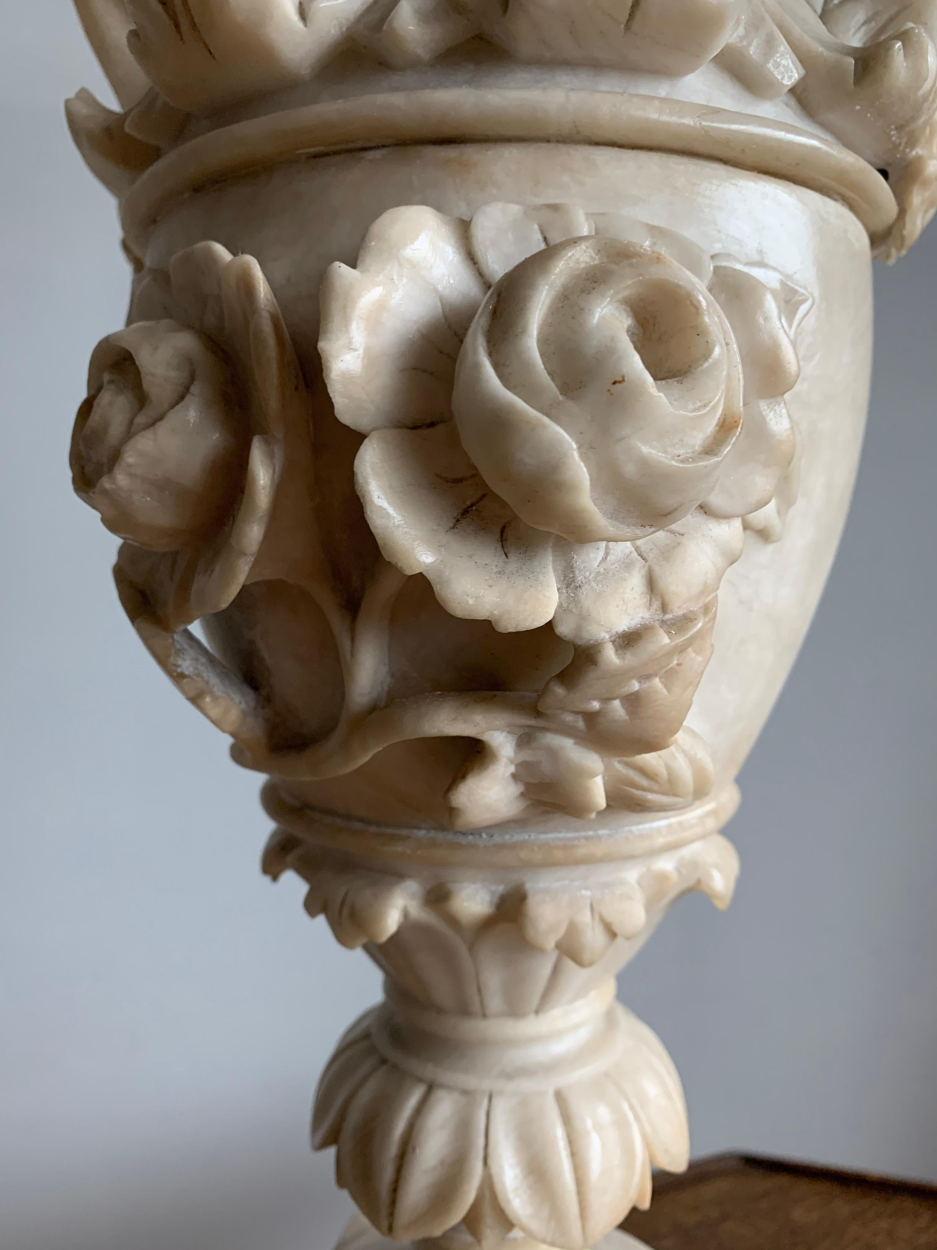 Hand-Carved Early 1900s Impressive and Finely Hand Carved Antique Alabaster Ornamental Vase