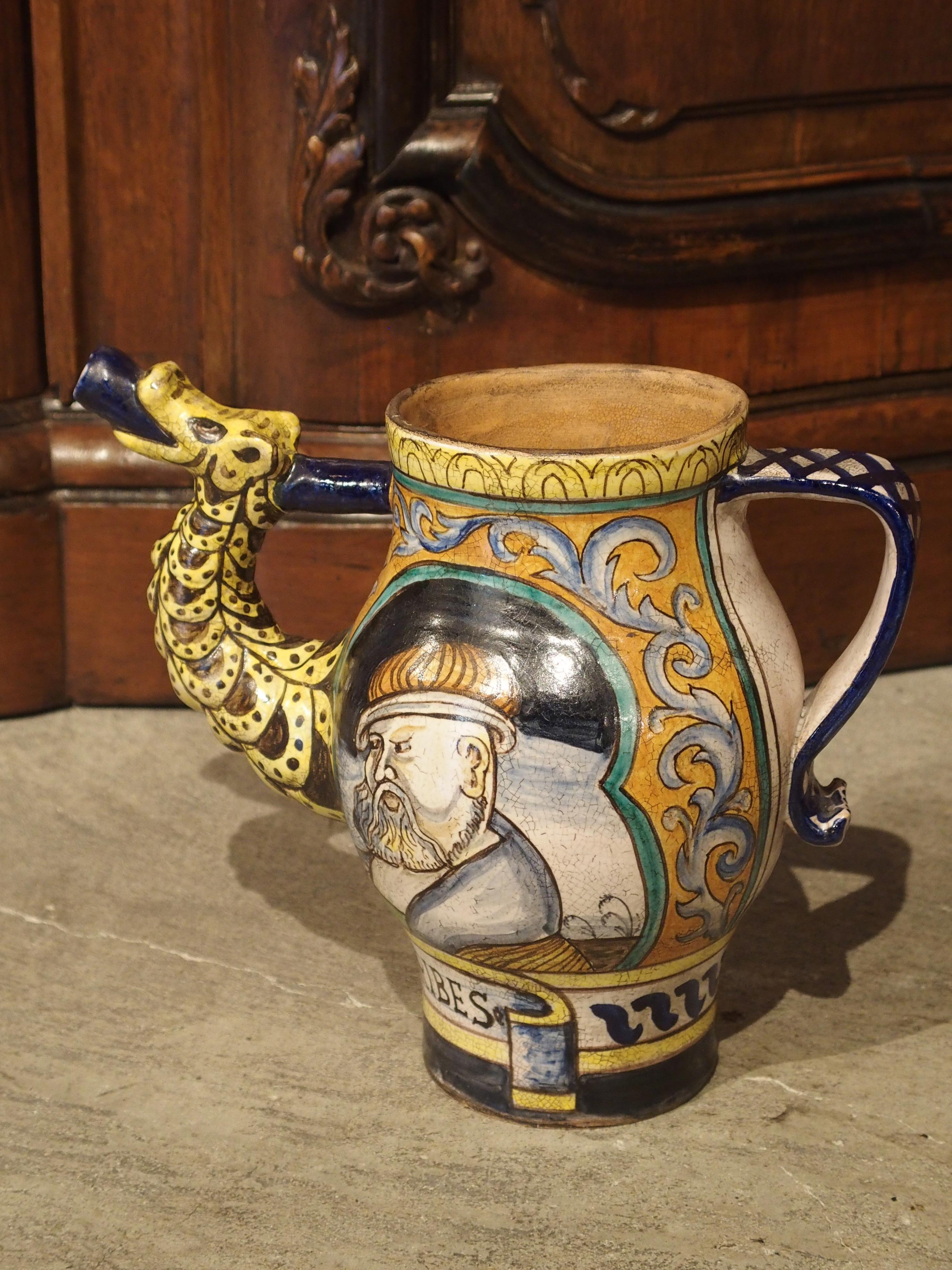 Renaissance Early 1900s Italian Majolica Orciuolo Apothecary Pitcher For Sale
