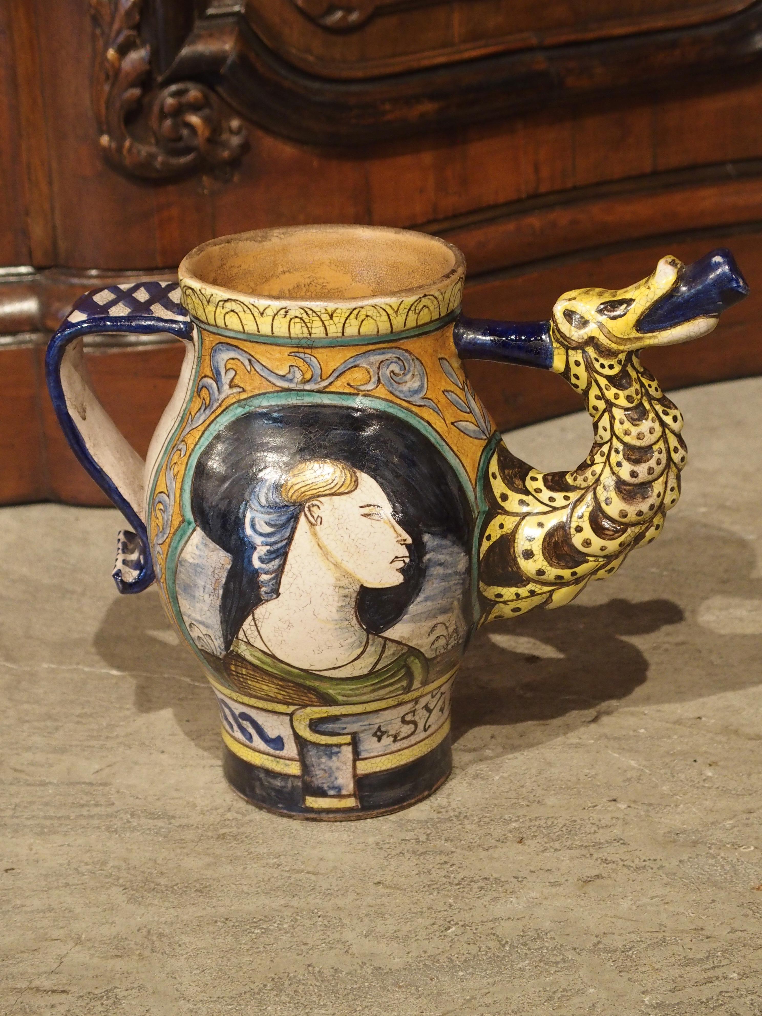 Early 1900s Italian Majolica Orciuolo Apothecary Pitcher For Sale 4