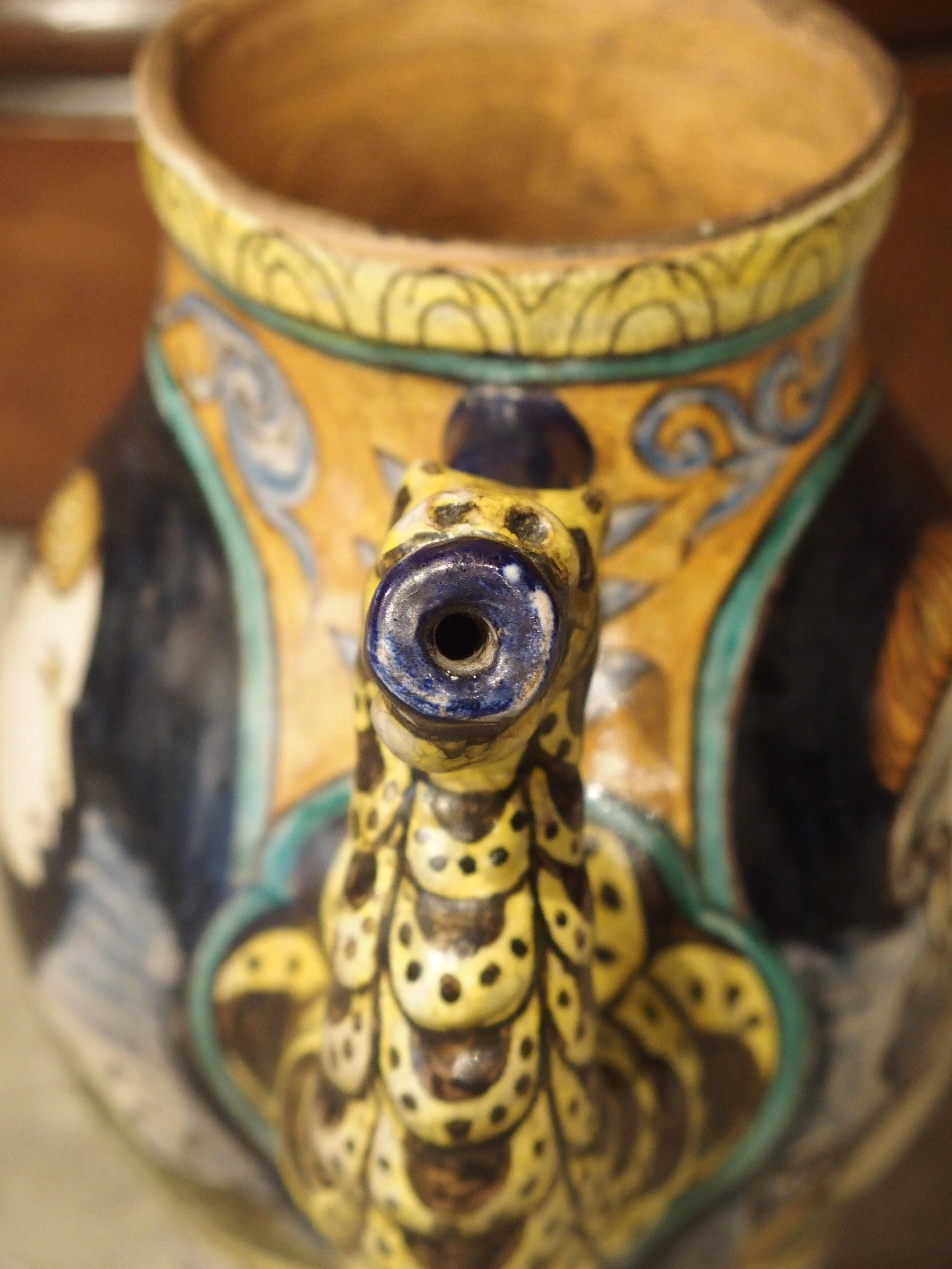 Hand-Painted Early 1900s Italian Majolica Orciuolo Apothecary Pitcher For Sale