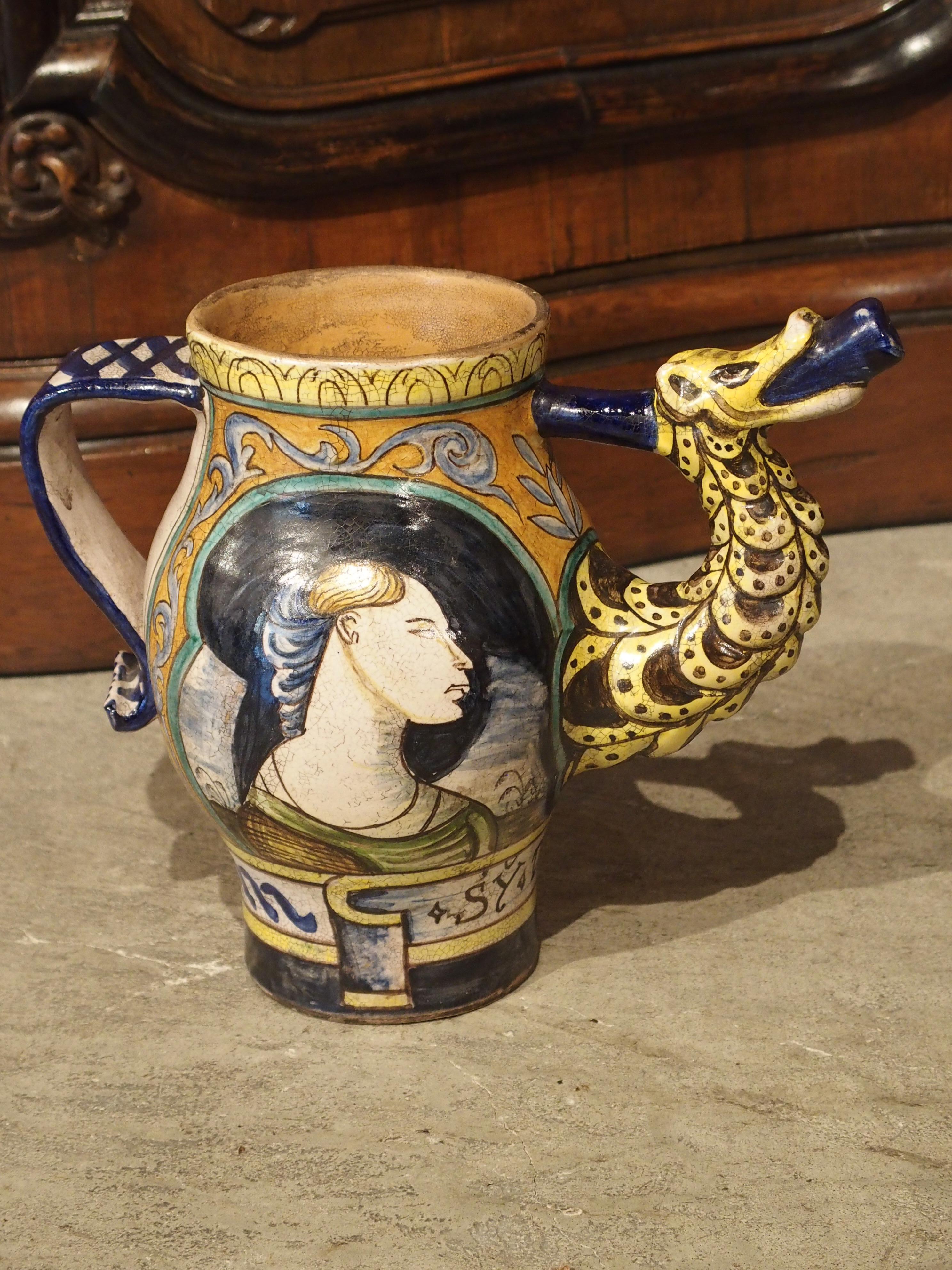 Early 1900s Italian Majolica Orciuolo Apothecary Pitcher In Good Condition For Sale In Dallas, TX