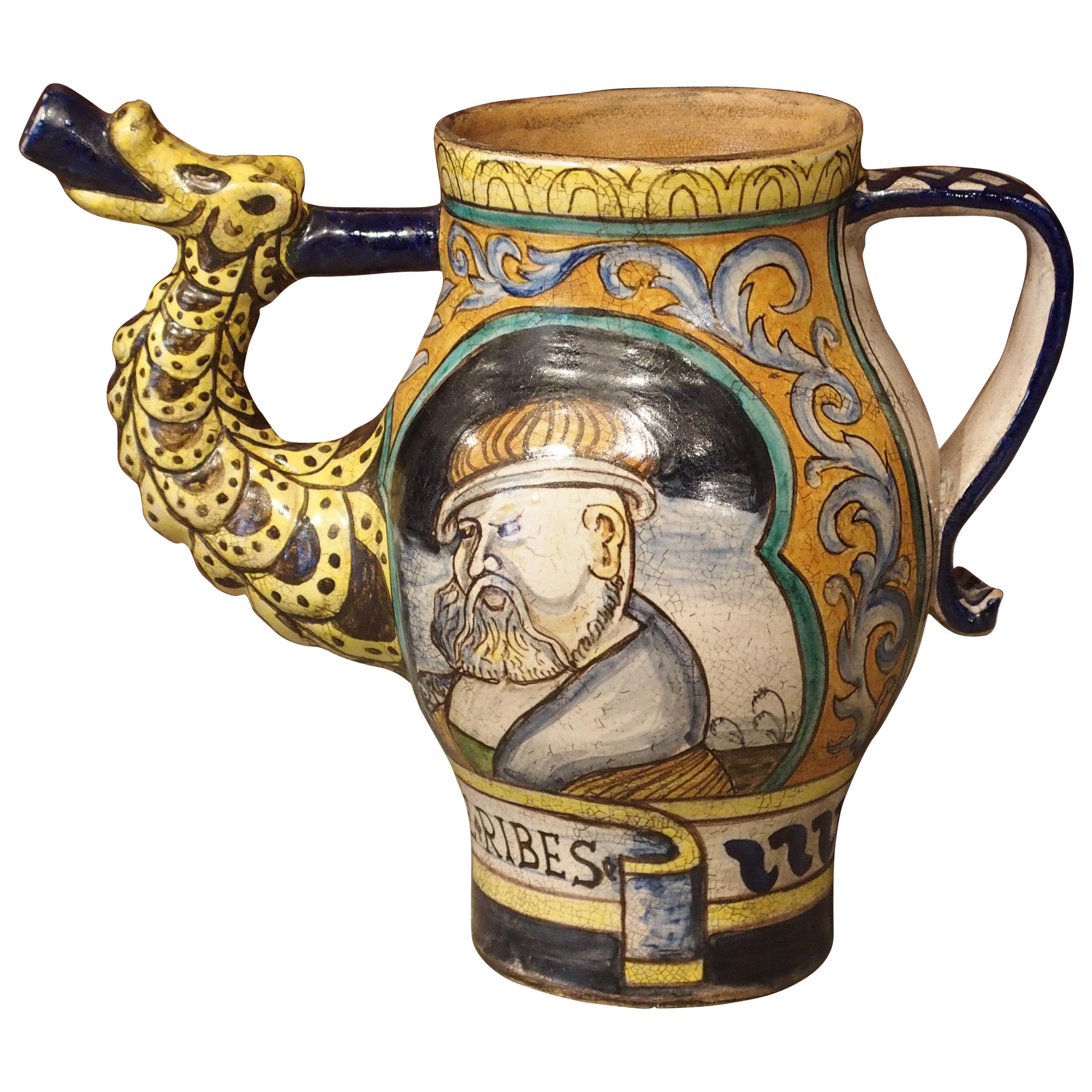 Early 1900s Italian Majolica Orciuolo Apothecary Pitcher For Sale