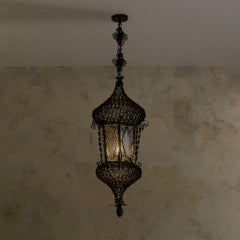 Early 1900s Italian Wrought Iron + Glass Lantern Pendant