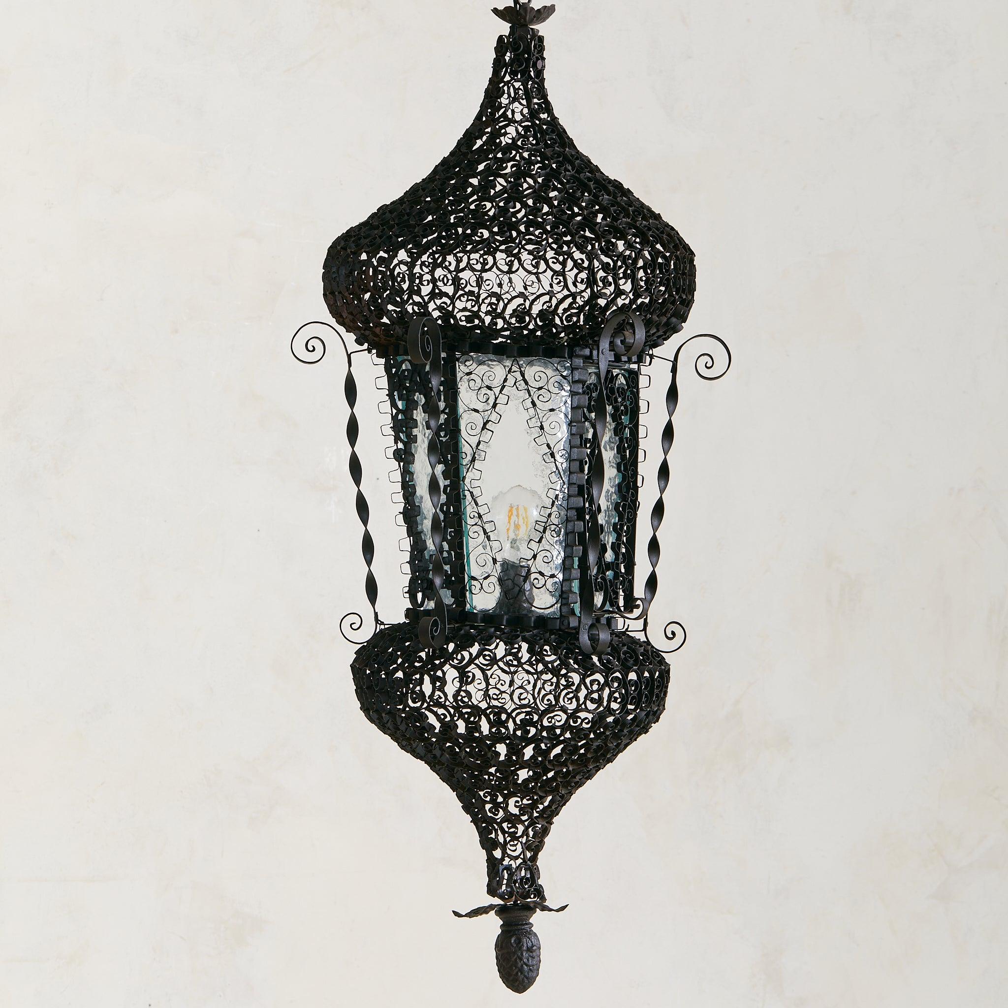 Mauresque Early 1900s Italian Wrought Iron + Glass Lantern Pendant en vente