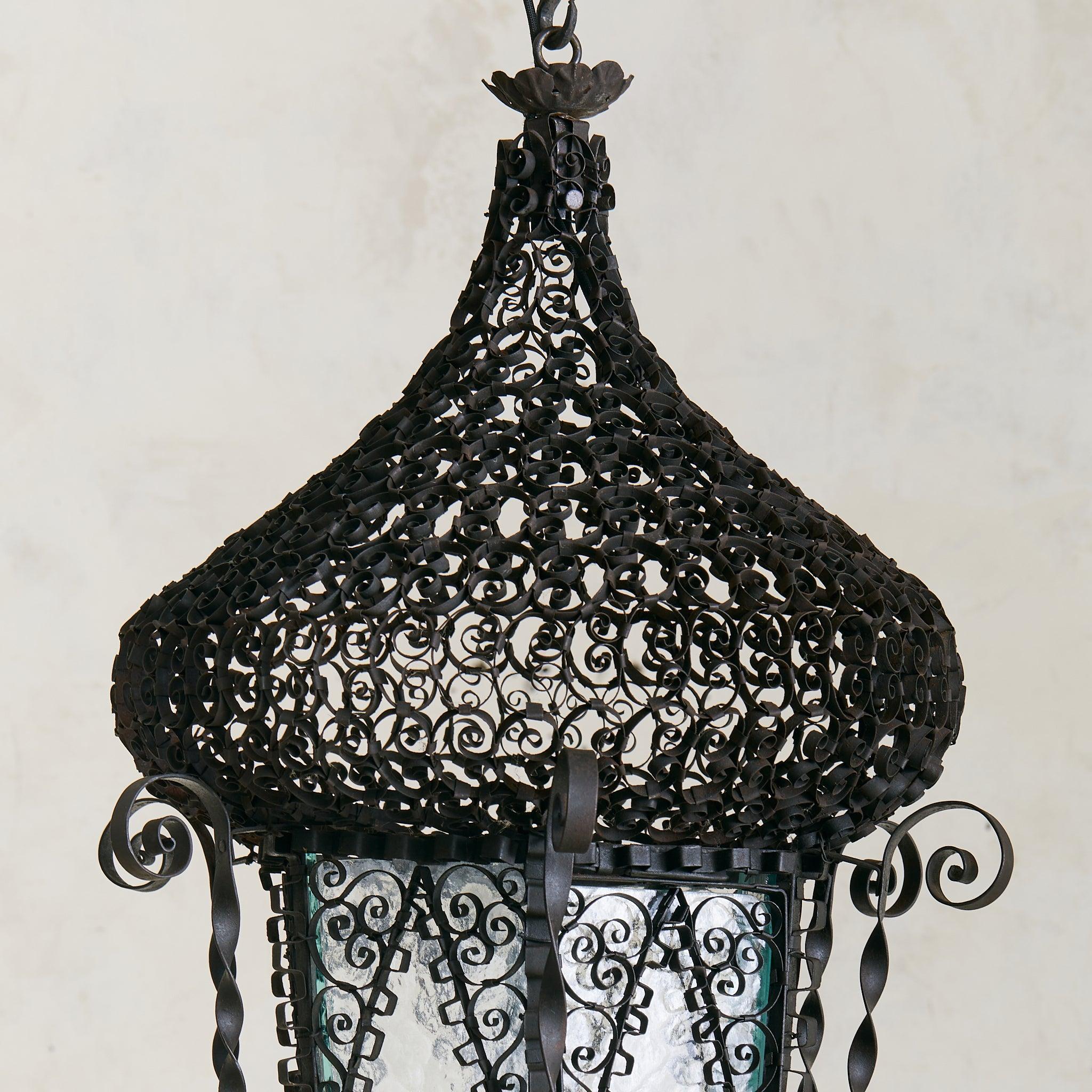 italien Early 1900s Italian Wrought Iron + Glass Lantern Pendant en vente