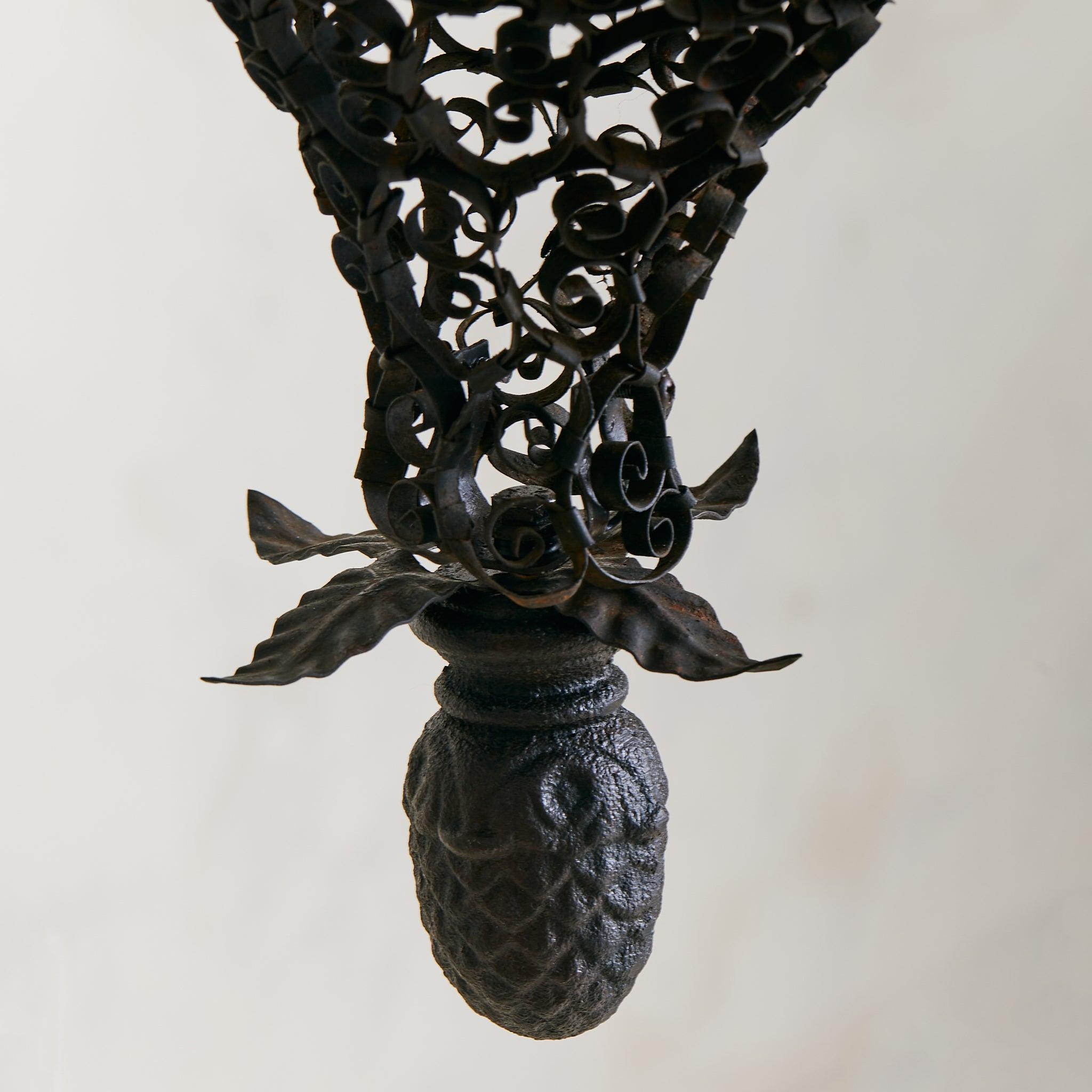 20ième siècle Early 1900s Italian Wrought Iron + Glass Lantern Pendant en vente