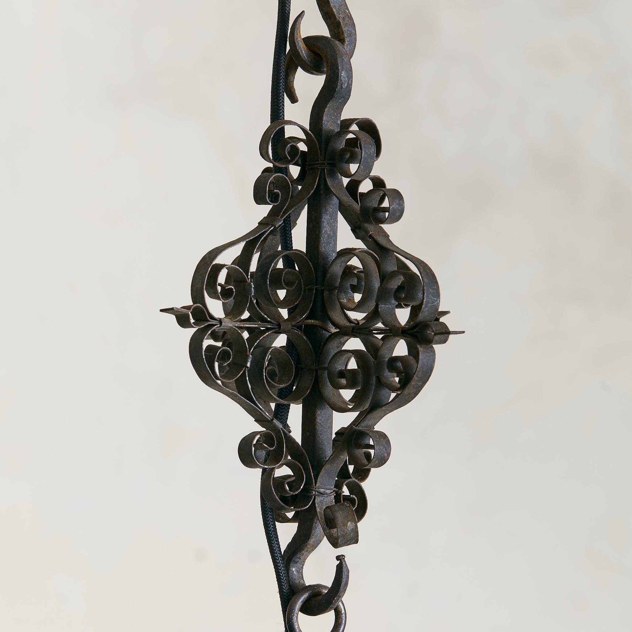 Early 1900s Italian Wrought Iron + Glass Lantern Pendant en vente 1