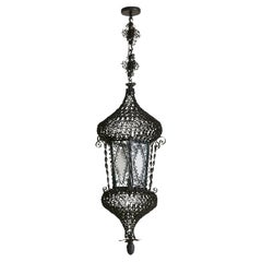 Early 1900s Italian Wrought Iron + Glass Lantern Pendant