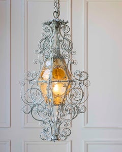 Early 1900s Italian Wrought Iron Lantern Light Green Finish Amber Glasses