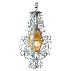 Early 1900s Italian Wrought Iron Lantern Light Green Finish Amber Glasses