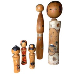 Antique Early 1900s Japanese Kokeshi Wood Sculpture Doll, Set of 5