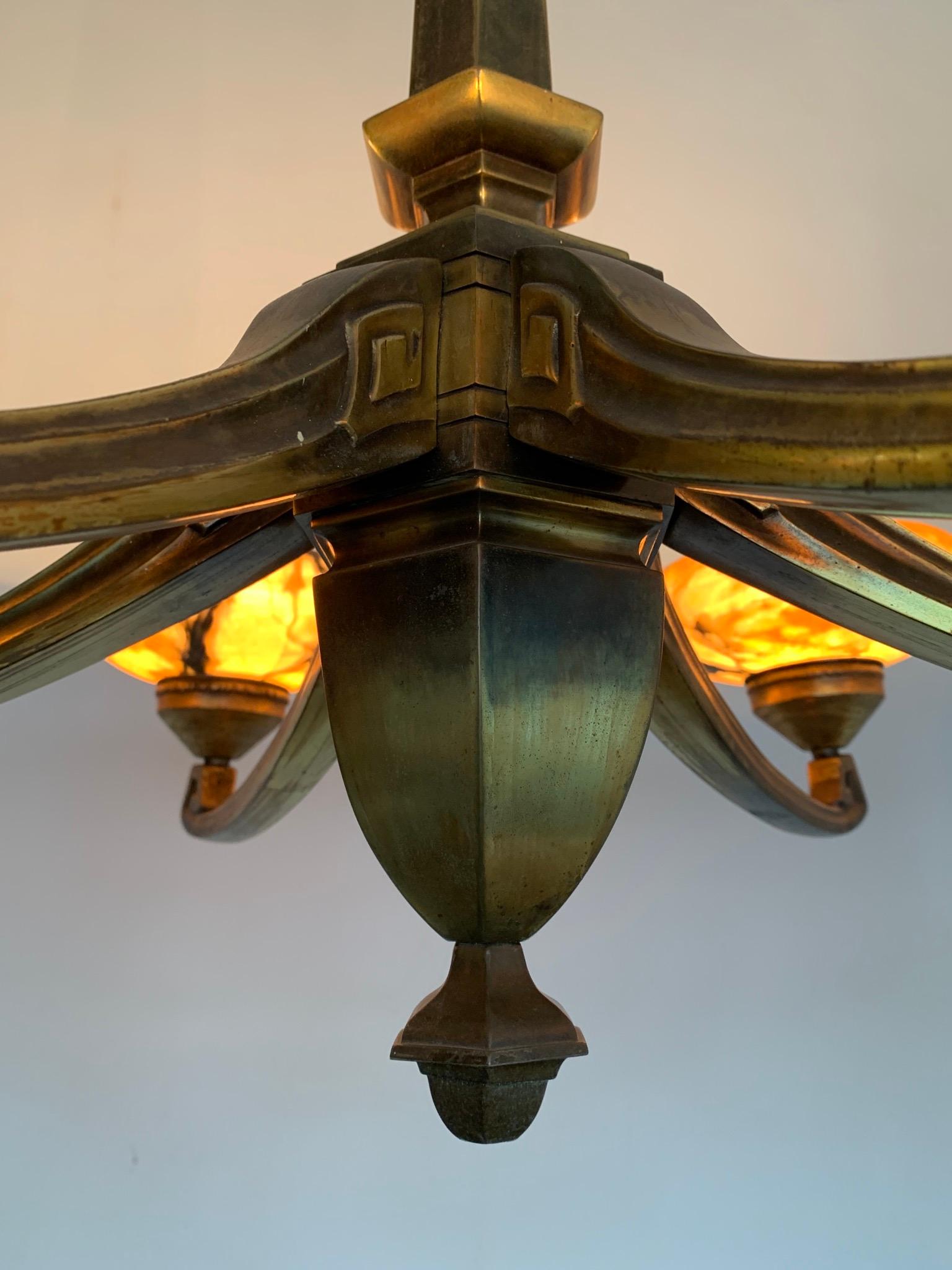 Rare Early 1900 Jugendstil Bronze Pendant / Chandelier with Six Alabaster Shades 10