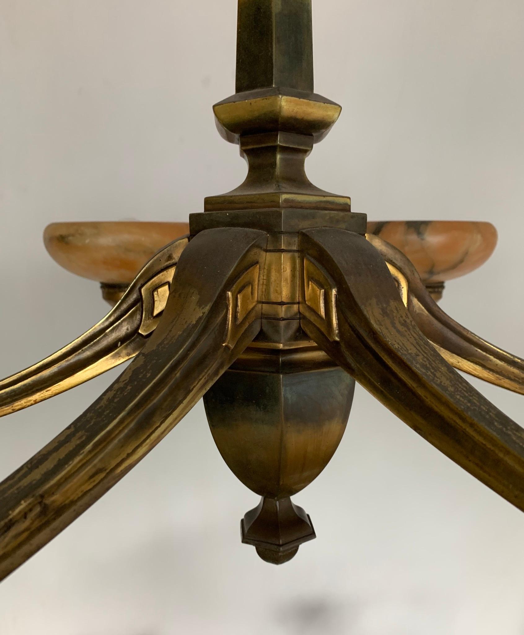 Rare Early 1900 Jugendstil Bronze Pendant / Chandelier with Six Alabaster Shades 9