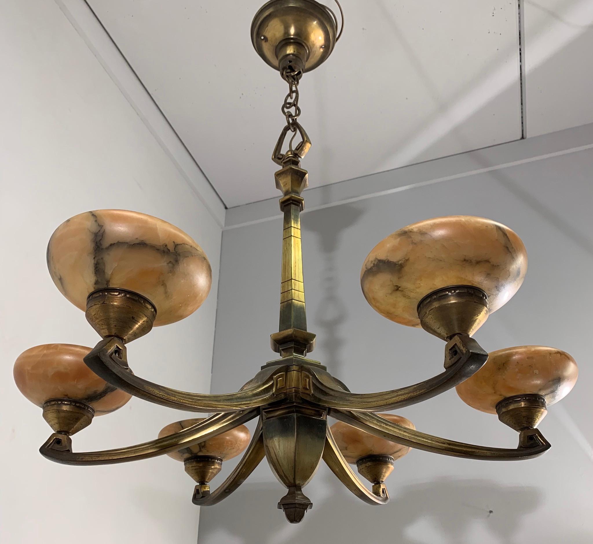 Rare Early 1900 Jugendstil Bronze Pendant / Chandelier with Six Alabaster Shades In Excellent Condition In Lisse, NL