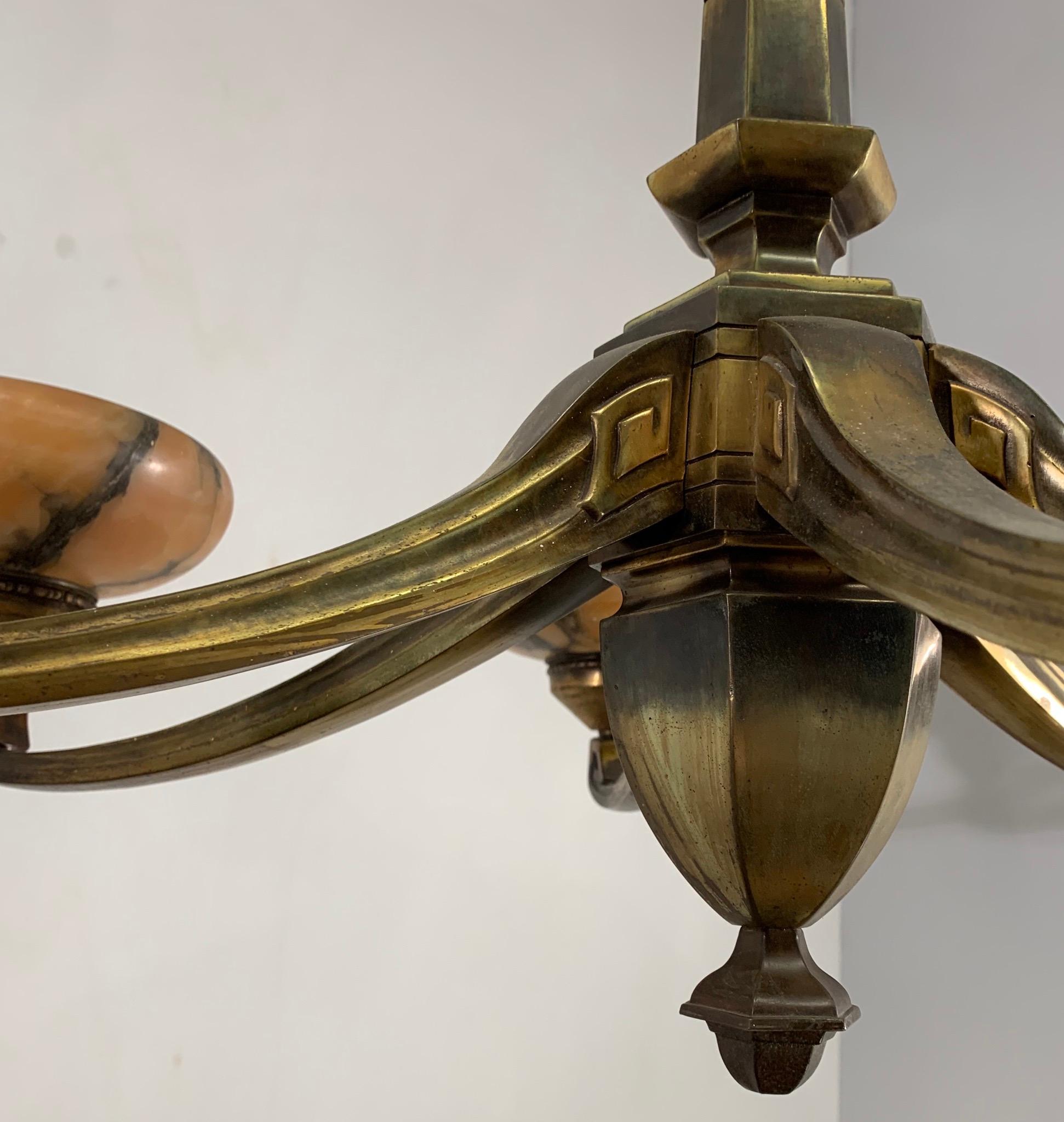 Rare Early 1900 Jugendstil Bronze Pendant / Chandelier with Six Alabaster Shades 5