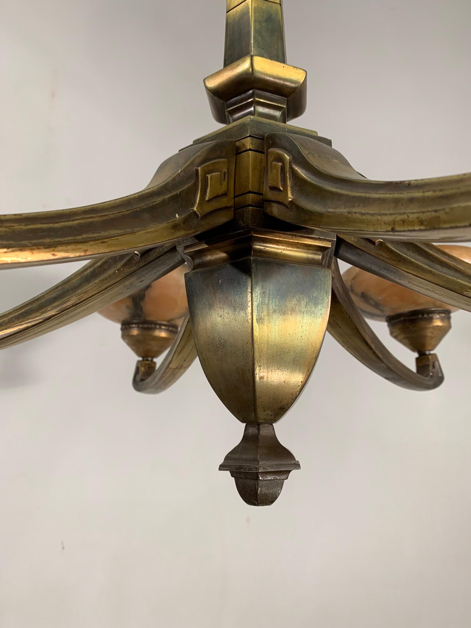 Rare Early 1900 Jugendstil Bronze Pendant / Chandelier with Six Alabaster Shades 4