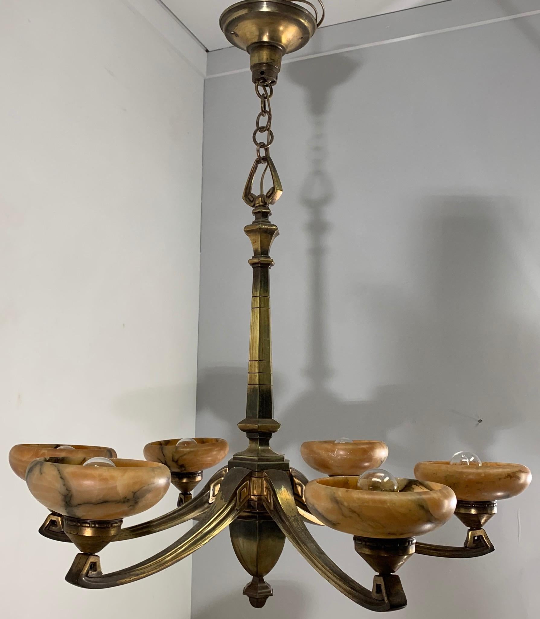 Hand-Crafted Rare Early 1900 Jugendstil Bronze Pendant / Chandelier with Six Alabaster Shades