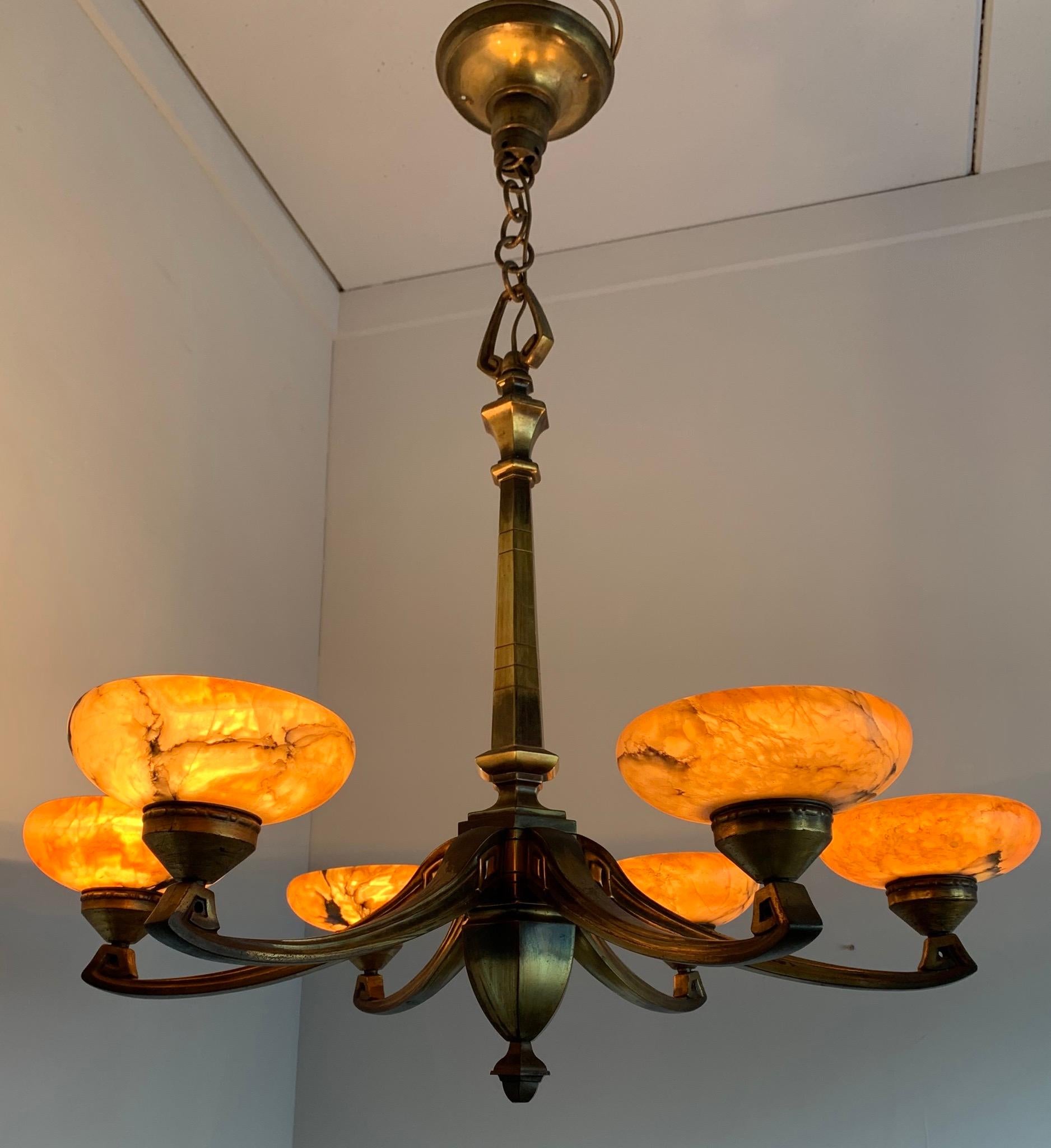 20th Century Rare Early 1900 Jugendstil Bronze Pendant / Chandelier with Six Alabaster Shades