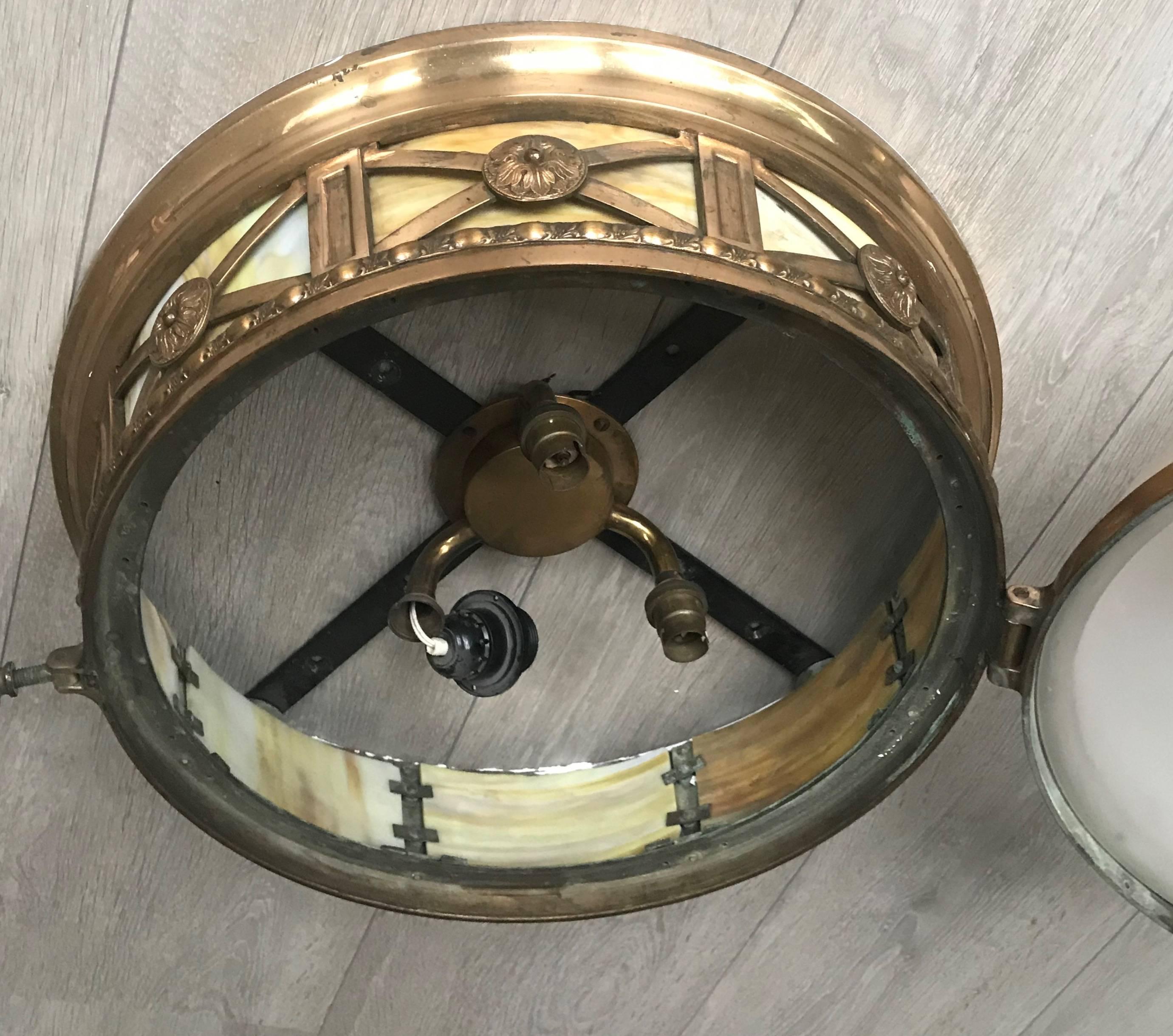 Early 1900s Large French Bronze and Glass Flush Mount / Ceiling Light Fixture 5