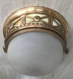 Early 1900s Large French Bronze and Glass Flush Mount / Ceiling Light Fixture