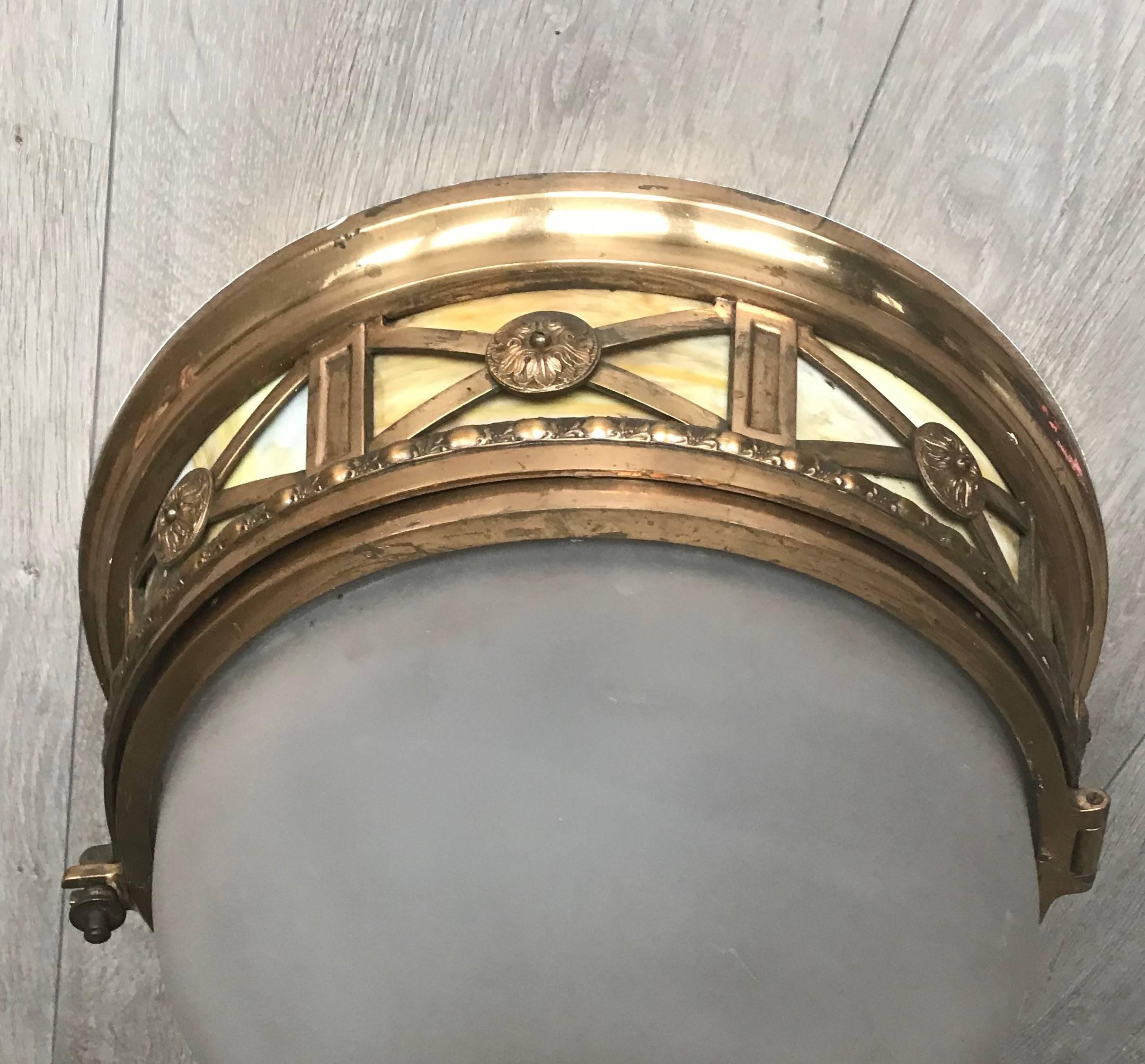 Early 1900s Large French Bronze and Glass Flush Mount / Ceiling Light Fixture In Good Condition In Lisse, NL