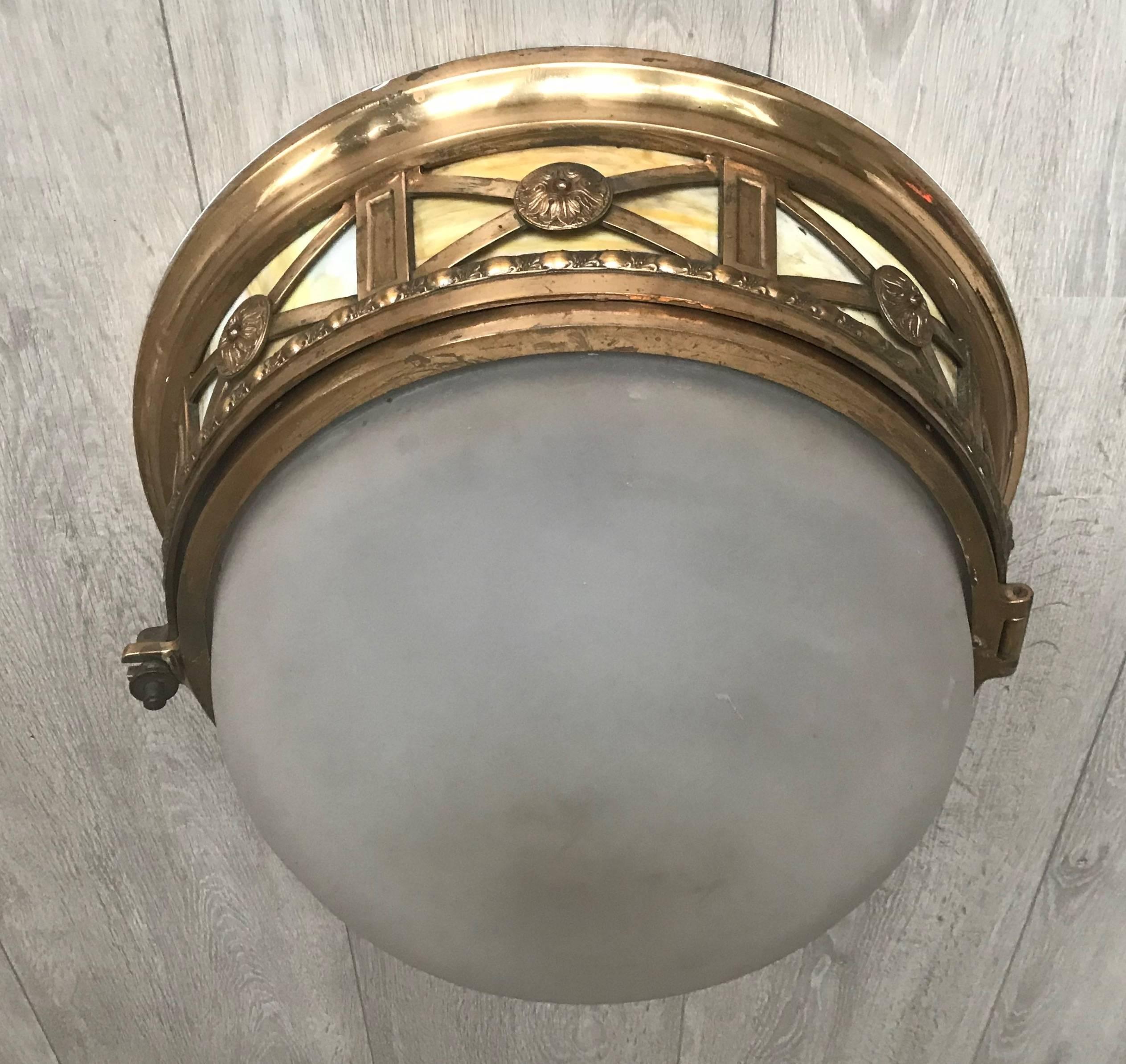 Early 1900s Large French Bronze and Glass Flush Mount / Ceiling Light Fixture 2
